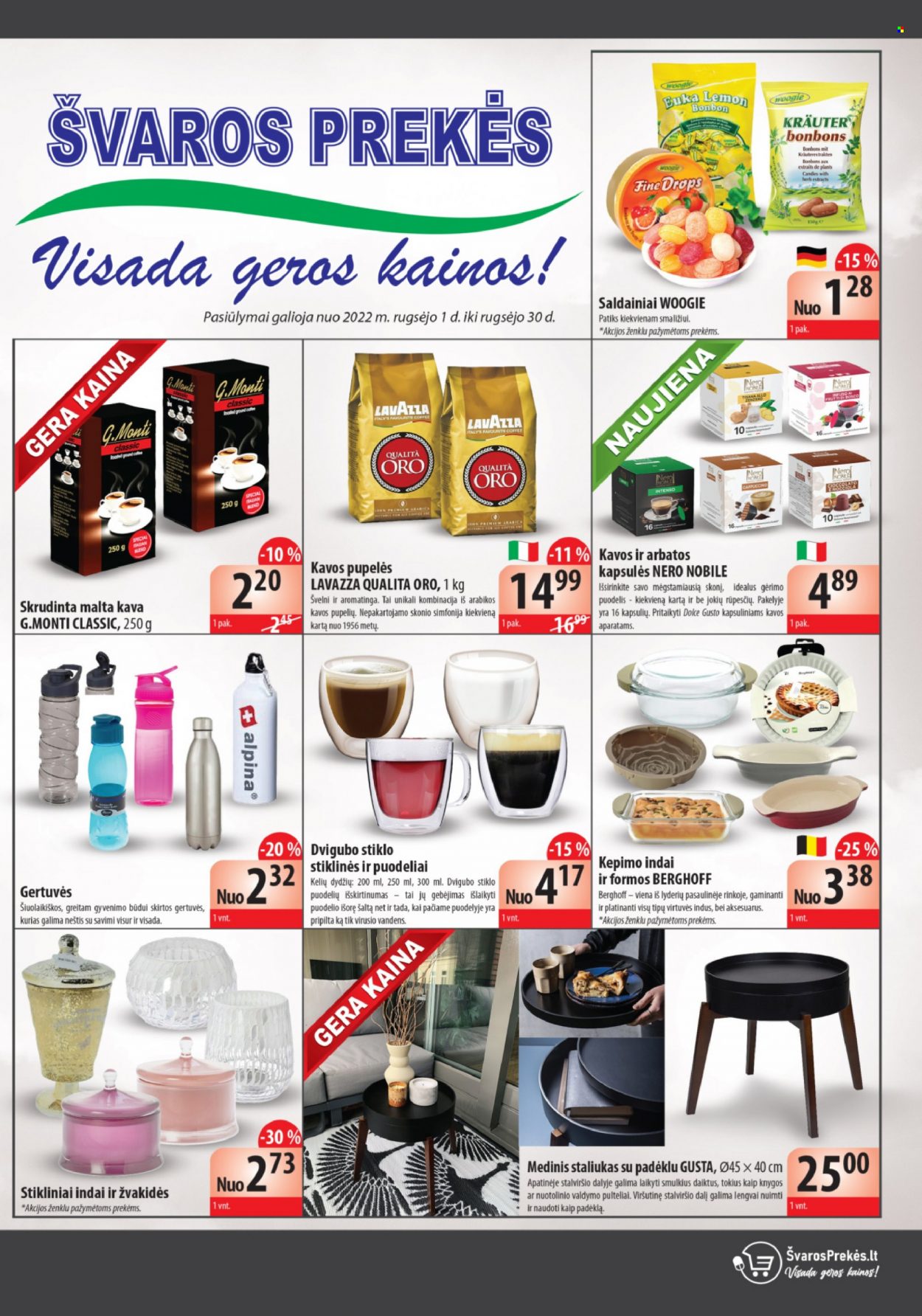 thumbnail - „ŠVAROS PREKĖS“ leidinys - 2022 09 01 - 2022 09 30 - Išpardavimų produktai - Alpina, puodelis, stiklinės. 1 puslapis.