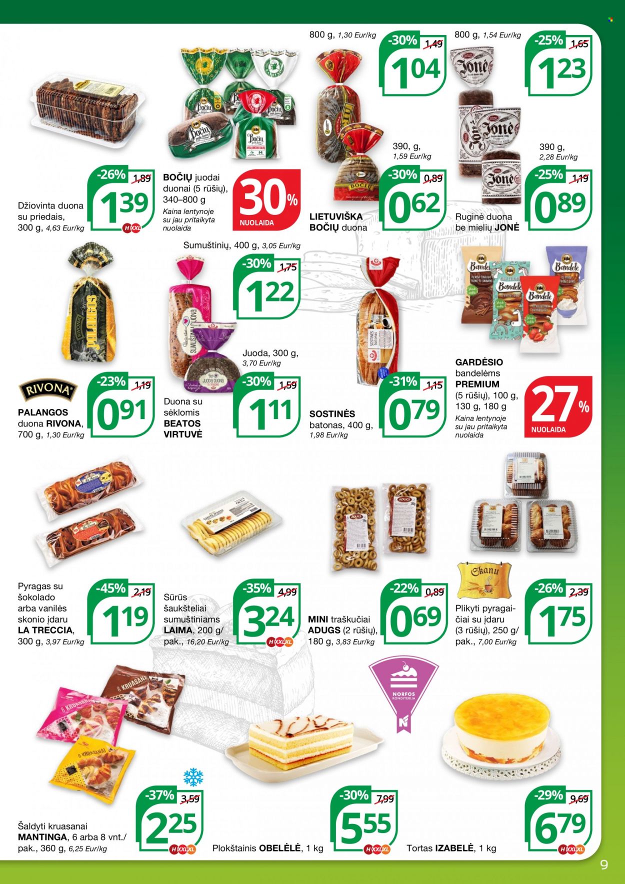 thumbnail - „NORFA“ leidinys - 2022 09 22 - 2022 10 05 - Išpardavimų produktai - batonas, duona, pyragas, tortas, traškučiai. 9 puslapis.