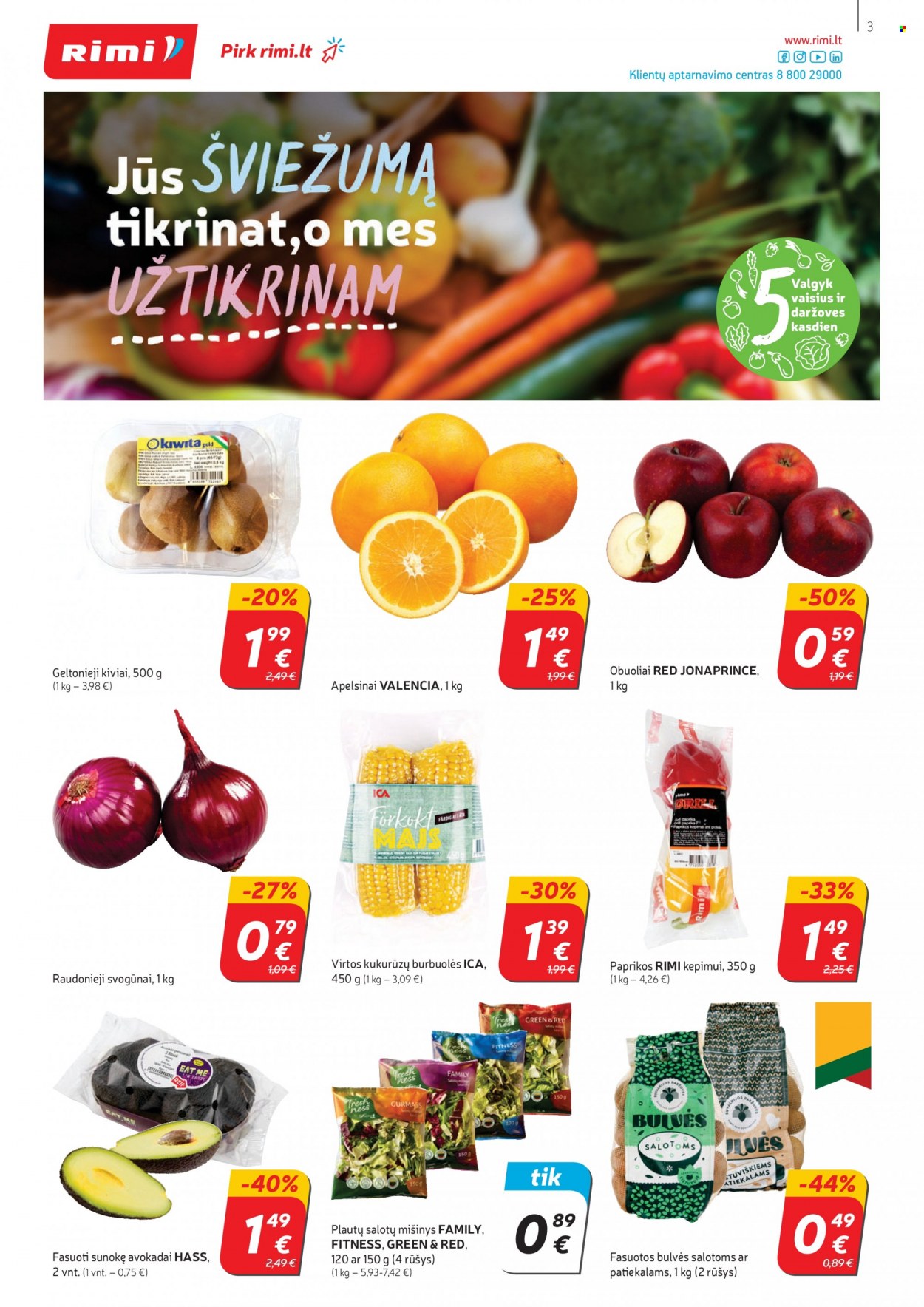 thumbnail - „Rimi“ leidinys - 2022 09 27 - 2022 10 03 - Išpardavimų produktai - bulvės, paprikos, svogūnai, avokadas, obuolys, kukurūzų burbuolės. 3 puslapis.