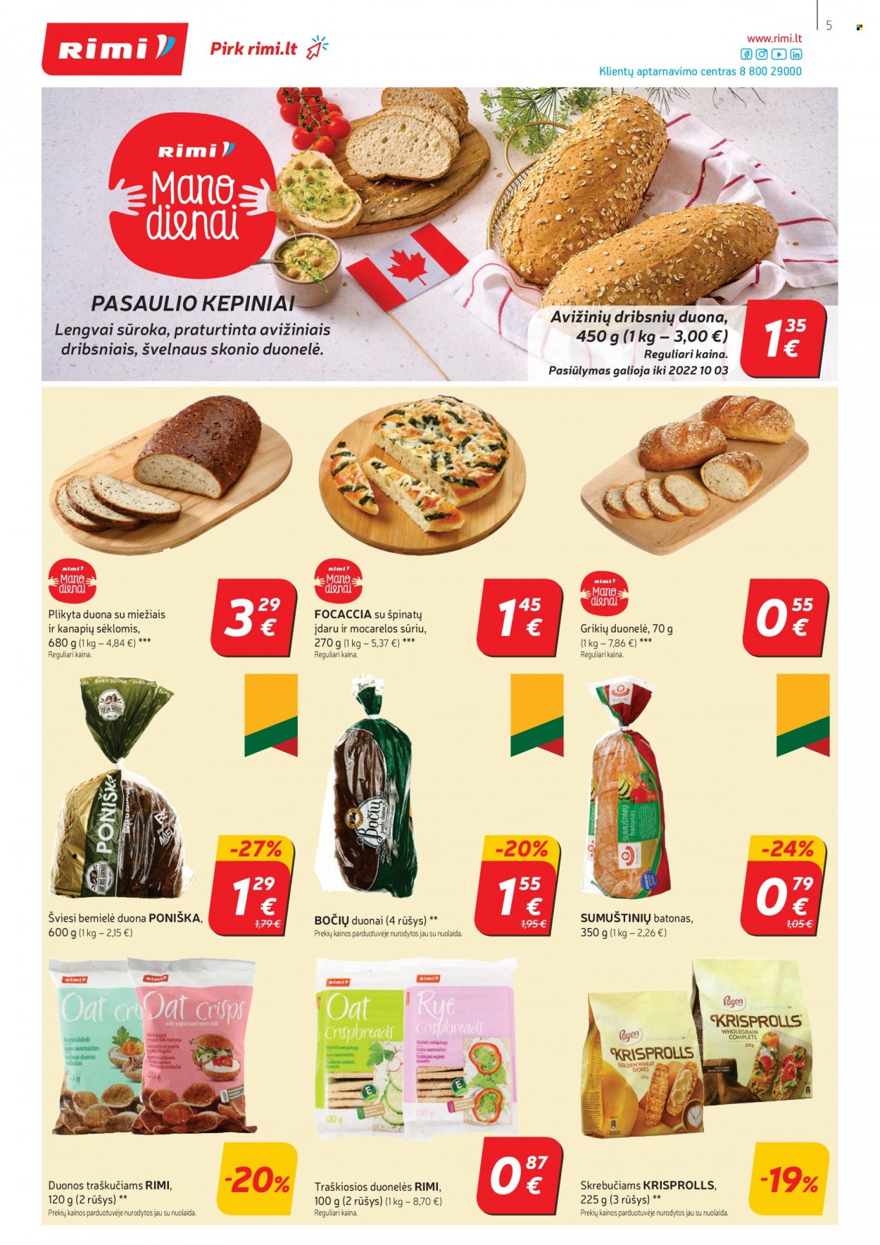 thumbnail - „Rimi“ leidinys - 2022 09 27 - 2022 10 03 - Išpardavimų produktai - batonas, duona, duonos traškučiams. 5 puslapis.