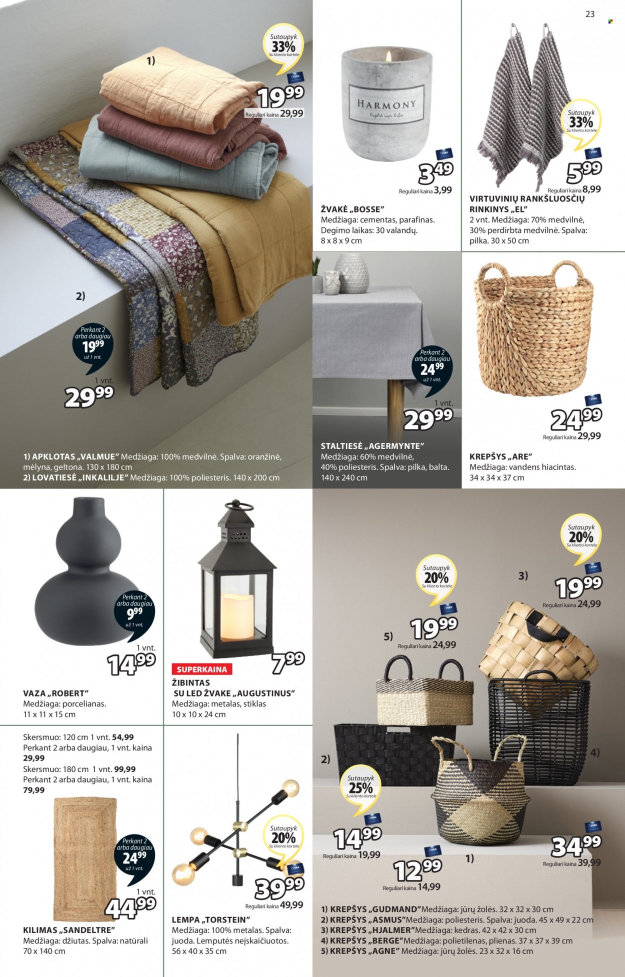 thumbnail - „JYSK“ leidinys - 2022 09 26 - 2022 10 03 - Išpardavimų produktai - krepšys, žvakė, lemputé, kilimas. 23 puslapis.