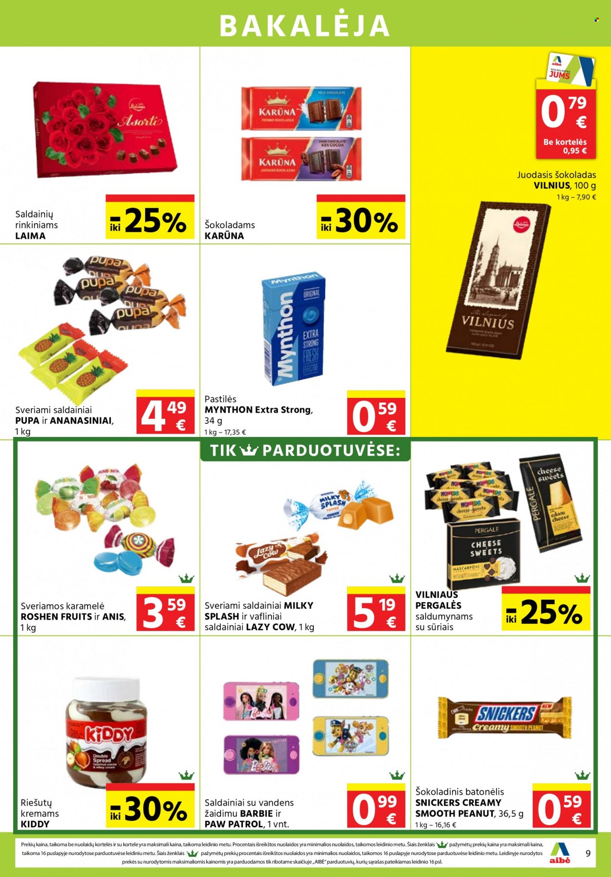 thumbnail - „Aibė“ leidinys - 2022 09 29 - 2022 10 11 - Išpardavimų produktai - saldainiai, Snickers, šokoladas, Barbie, juodasis šokoladas. 9 puslapis.