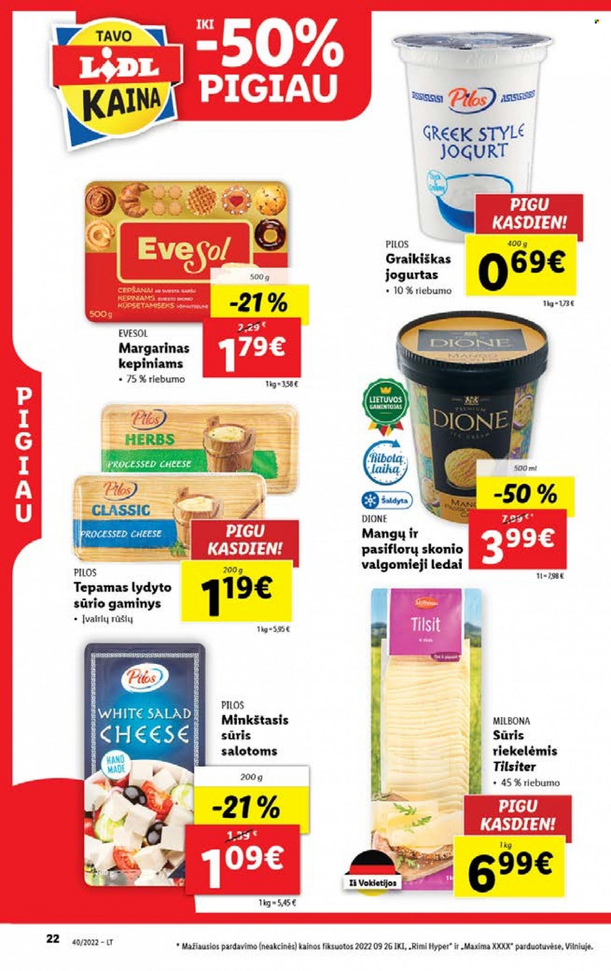 thumbnail - „Lidl“ leidinys - 2022 10 03 - 2022 10 09 - Išpardavimų produktai - sūris, Milbona, jogurtas, margarinas, ledai, valgomieji ledai. 22 puslapis.