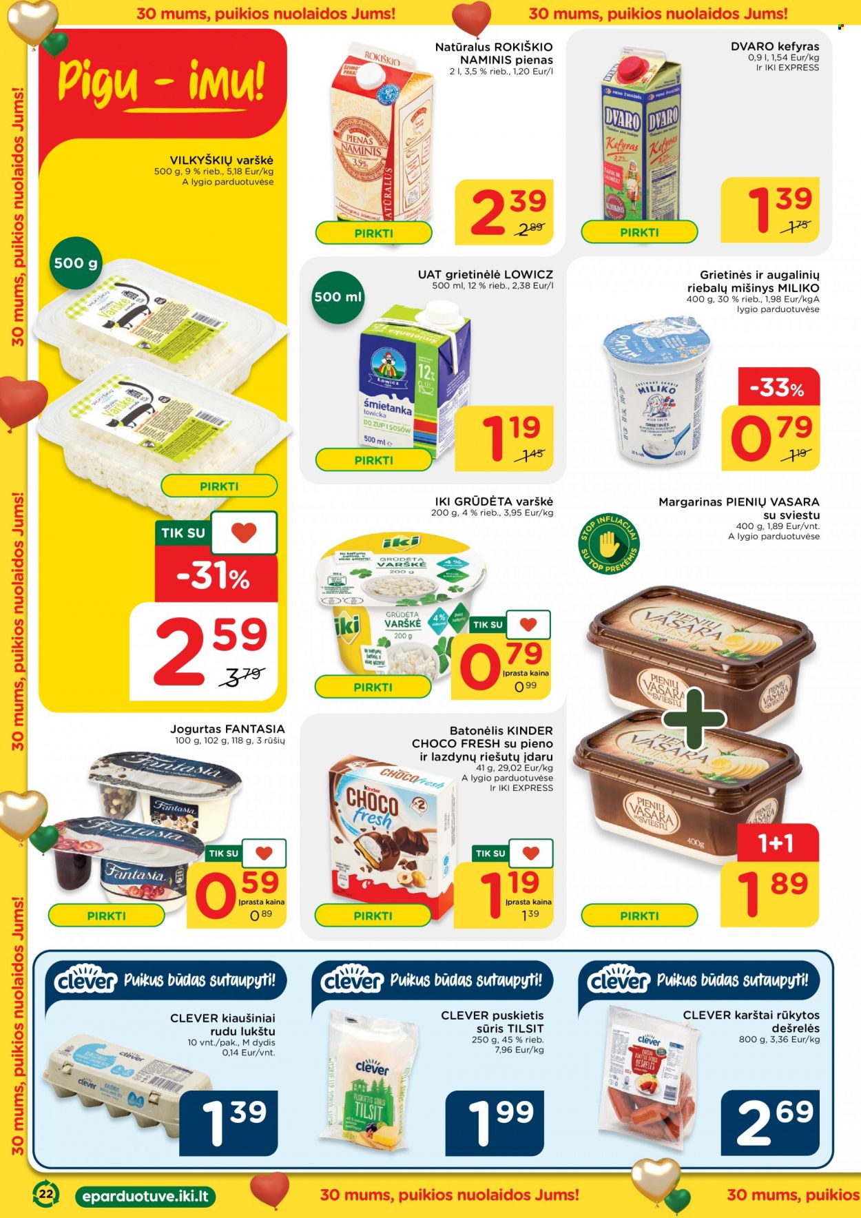 thumbnail - „iki“ leidinys - 2022 10 03 - 2022 10 09 - Išpardavimų produktai - dešrelės, sūris, jogurtas, pienas, kiaušiniai, margarinas. 22 puslapis.