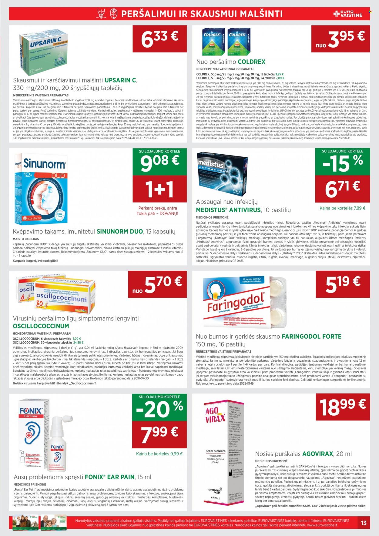 thumbnail - „EUROVAISTINĖ“ leidinys - 2022 10 01 - 2022 10 31 - Išpardavimų produktai - Coldrex, Faringodol Forte, pirmosios pagalbos rinkinys. 13 puslapis.