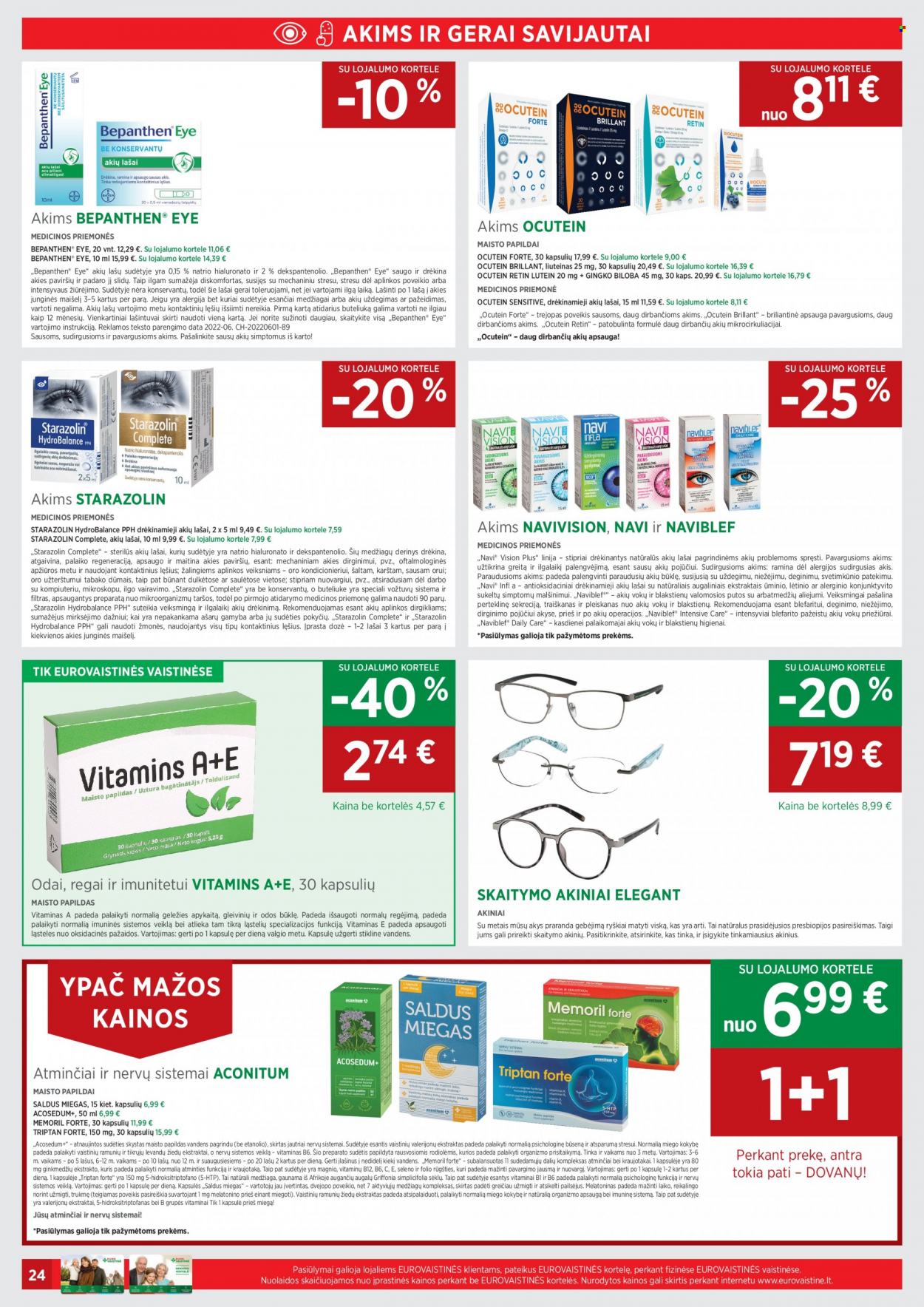 thumbnail - „EUROVAISTINĖ“ leidinys - 2022 10 01 - 2022 10 31 - Išpardavimų produktai - intensive care, B12, Bepanthen, maisto papildai, akiniai, skaitymo akiniai. 24 puslapis.