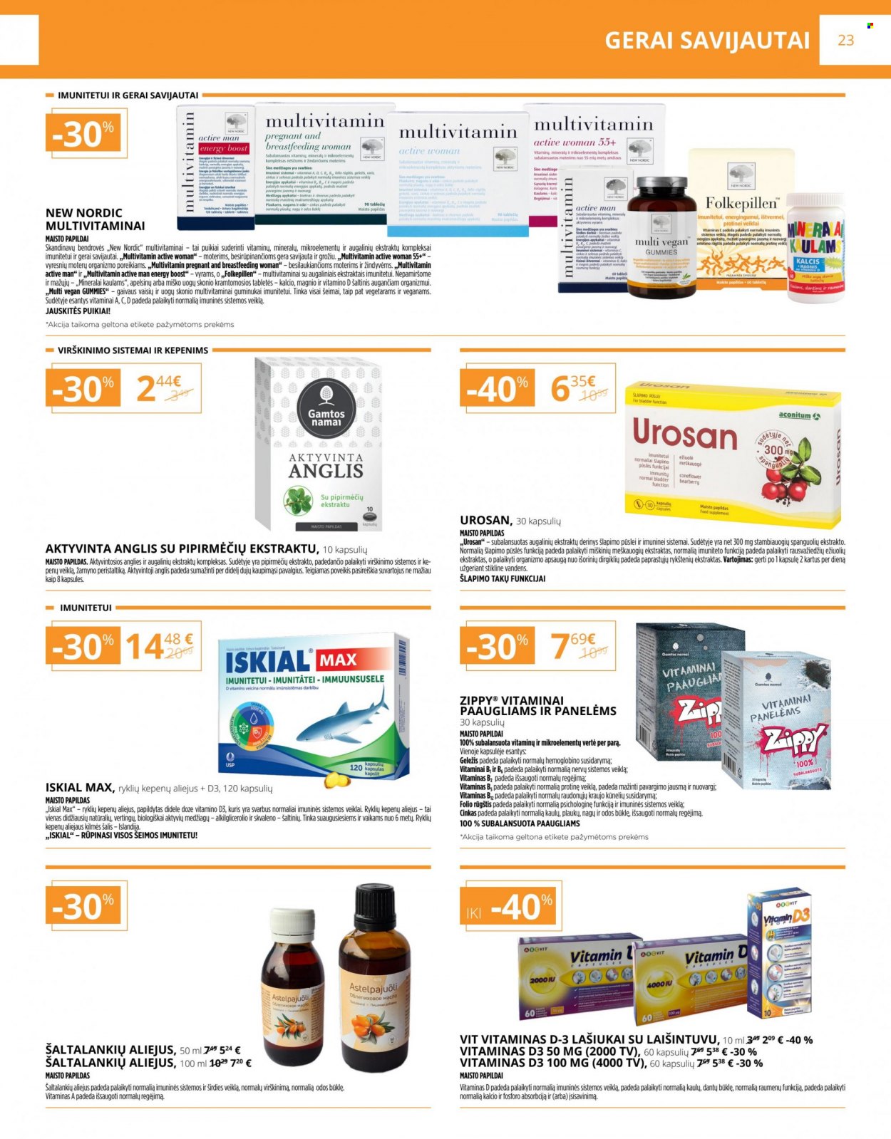 thumbnail - „Gintarinė vaistinė“ leidinys - 2022 10 01 - 2022 10 31 - Išpardavimų produktai - New Nordic, maisto papildai, vitamin d3. 23 puslapis.
