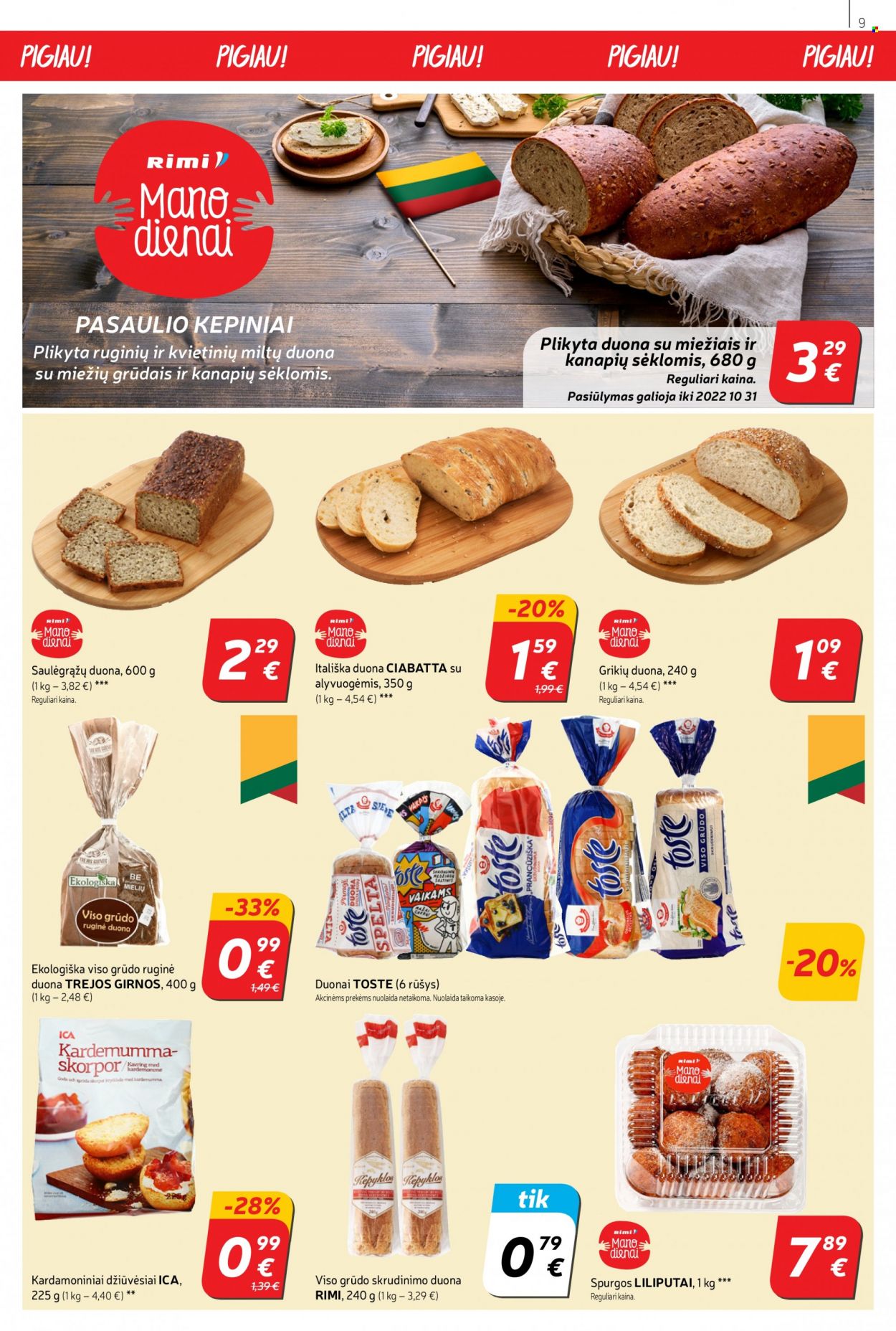 thumbnail - „Rimi“ leidinys - 2022 10 04 - 2022 10 10 - Išpardavimų produktai - ciabatta, duona. 9 puslapis.