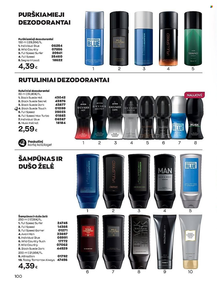 thumbnail - „Avon“ leidinys - 2022 11 01 - 2022 11 30 - Išpardavimų produktai - Avon, dušo želé, šampūnas, purškiamasis dezodorantas. 100 puslapis.