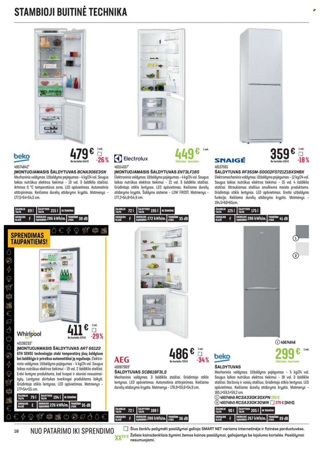 thumbnail - „Senukai“ leidinys - 2022 11 10 - 2022 12 05 - Išpardavimų produktai - AEG, Electrolux, Whirlpool, Beko, įmontuojamasis šaldytuvas, Snaige, šaldytuvas. 18 puslapis.