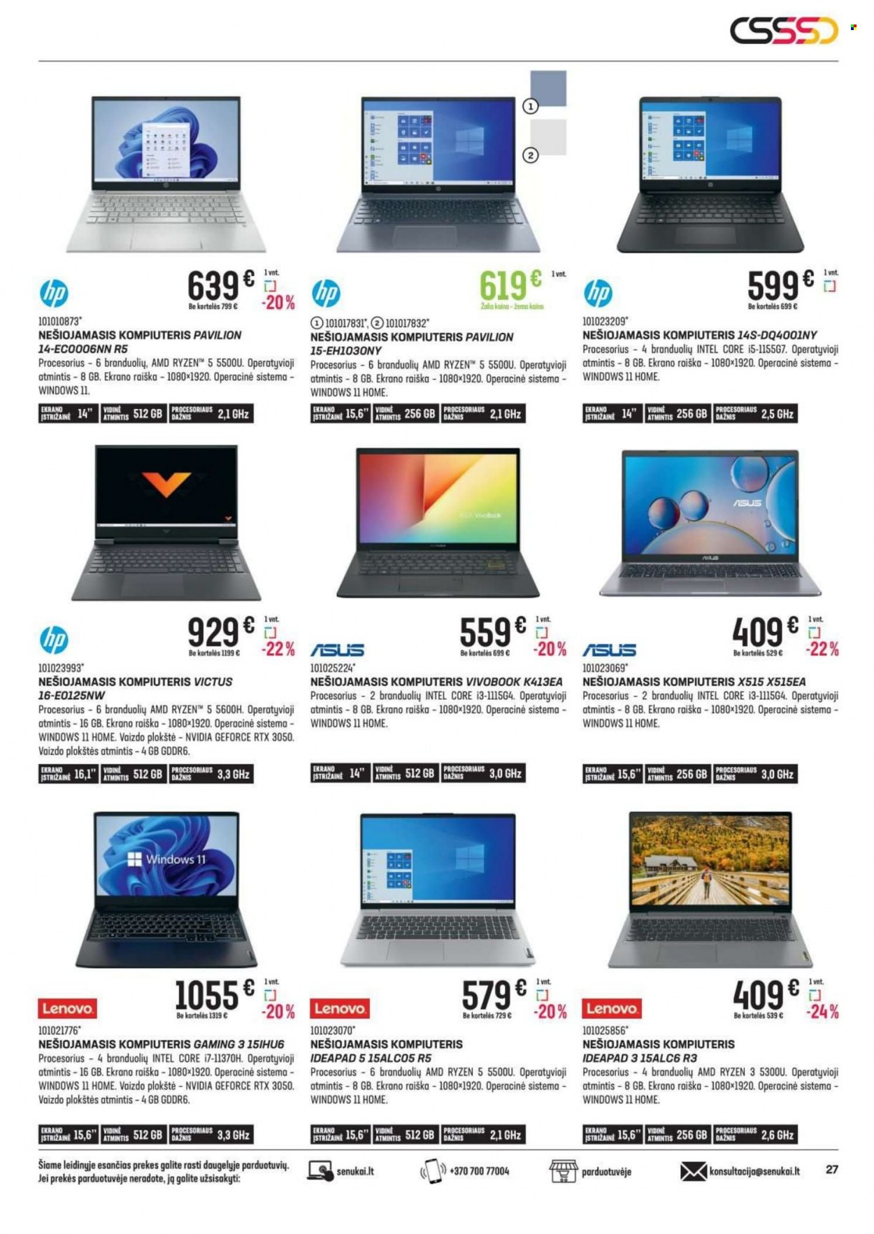 thumbnail - „Senukai“ leidinys - 2022 11 10 - 2022 12 05 - Išpardavimų produktai - HP, Asus, Lenovo, kompiuteris, Intel. 27 puslapis.