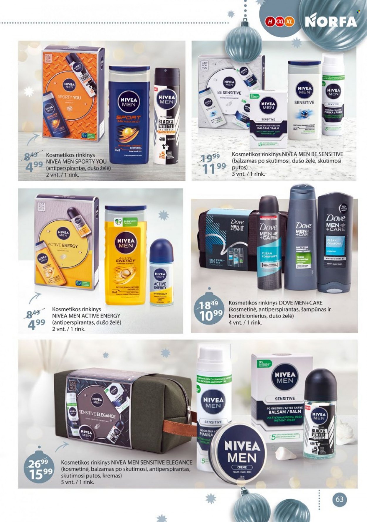 thumbnail - „NORFA“ leidinys - 2022 11 15 - 2022 12 05 - Išpardavimų produktai - Dove, dušo želé, Nivea, shampoo, šampūnas, kremas, antiperspirantas, balzamas po skutimosi, skutimosi putos. 63 puslapis.