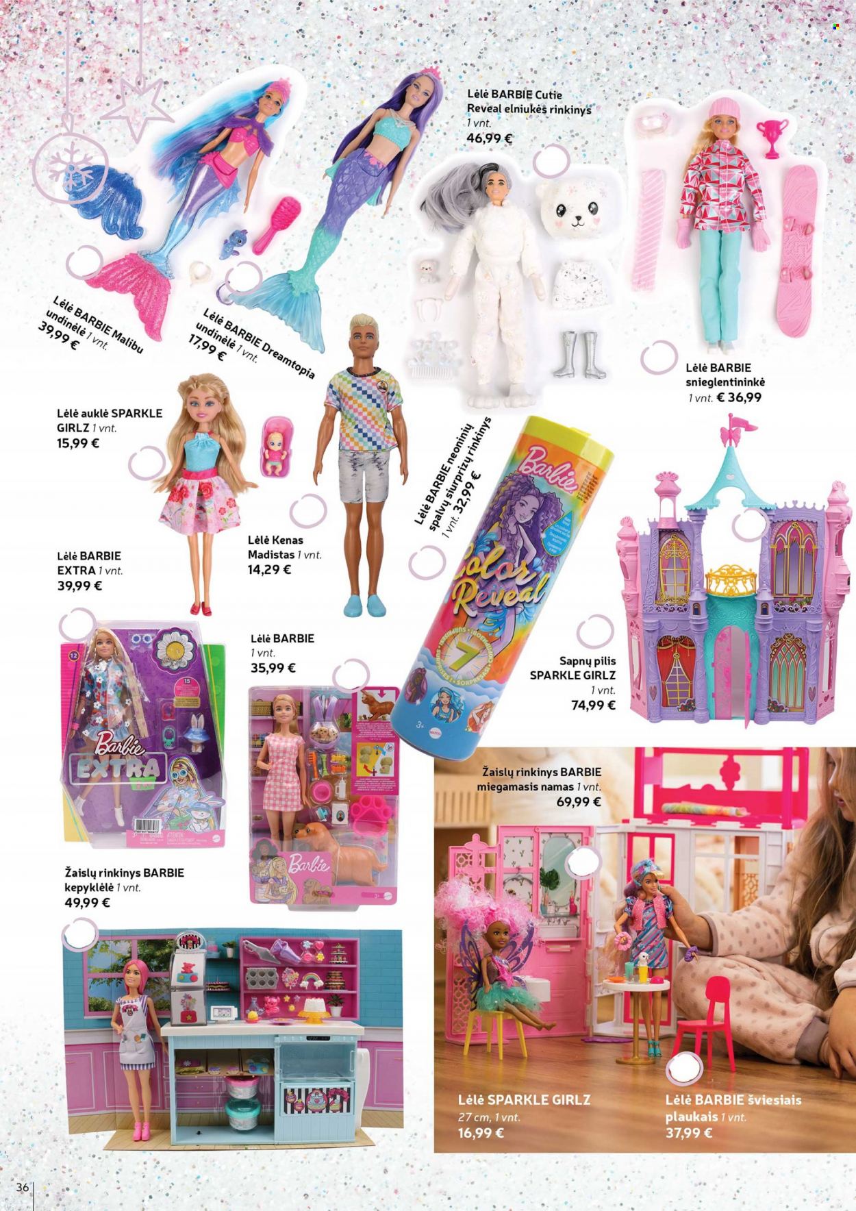 thumbnail - „Rimi“ leidinys - 2022 11 15 - 2022 12 26 - Išpardavimų produktai - Malibu, Barbie, lėlė, Sparkle Girlz. 36 puslapis.