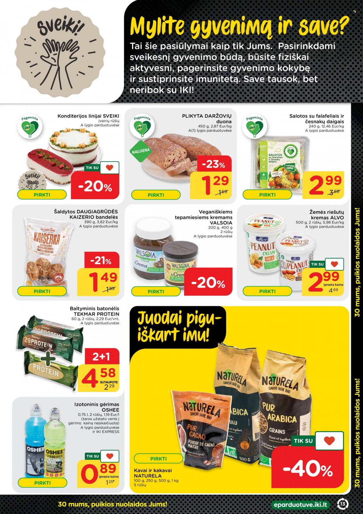 thumbnail - „iki“ leidinys - 2022 11 21 - 2022 11 27 - Išpardavimų produktai - duona, salotos, kremas. 13 puslapis.