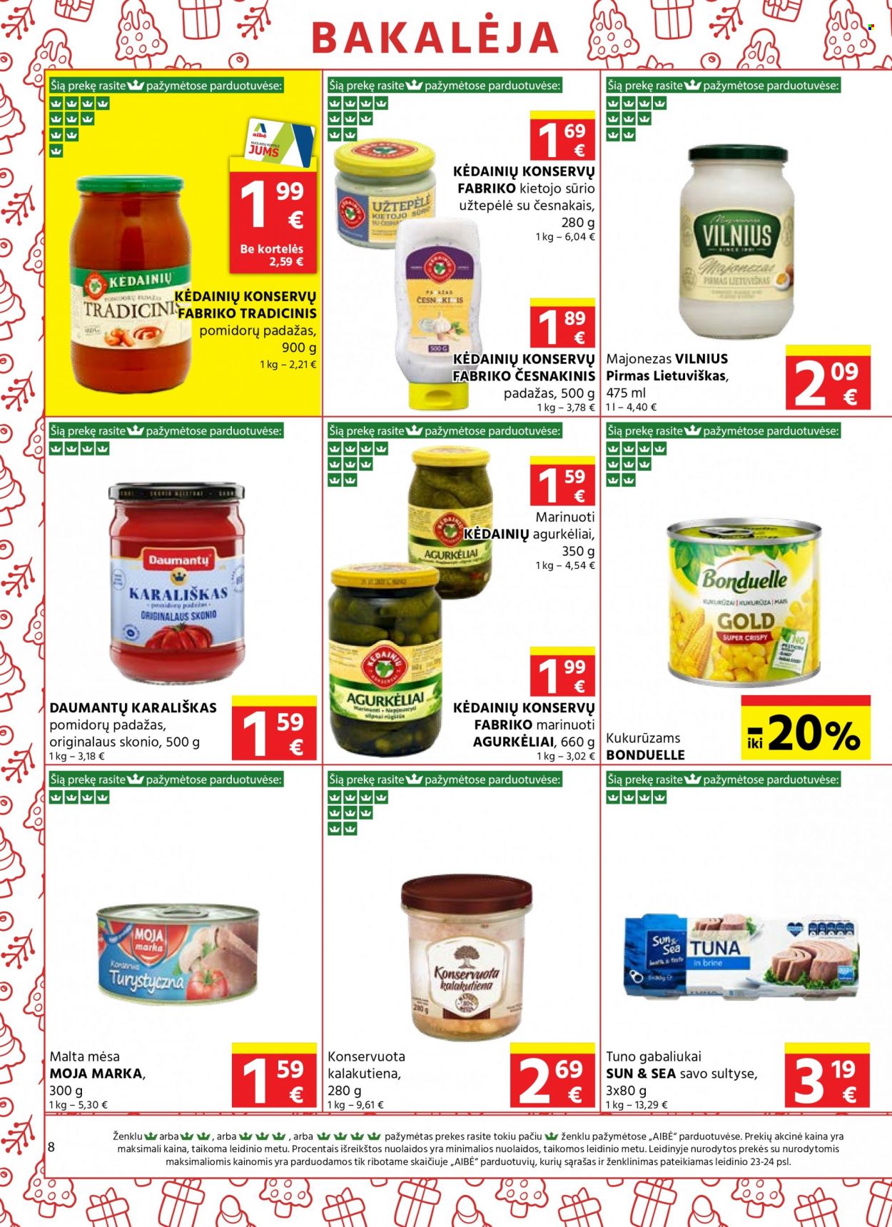 thumbnail - „Aibė“ leidinys - 2022 11 24 - 2022 12 06 - Išpardavimų produktai - majonezas, padažas, Bonduelle, pomidorų padažas. 8 puslapis.