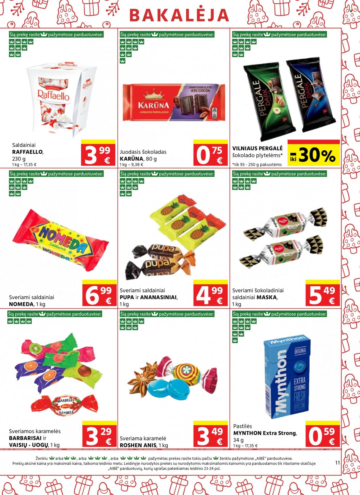 thumbnail - „Aibė“ leidinys - 2022 11 24 - 2022 12 06 - Išpardavimų produktai - saldainiai, šokoladas, juodasis šokoladas, karamelės. 11 puslapis.