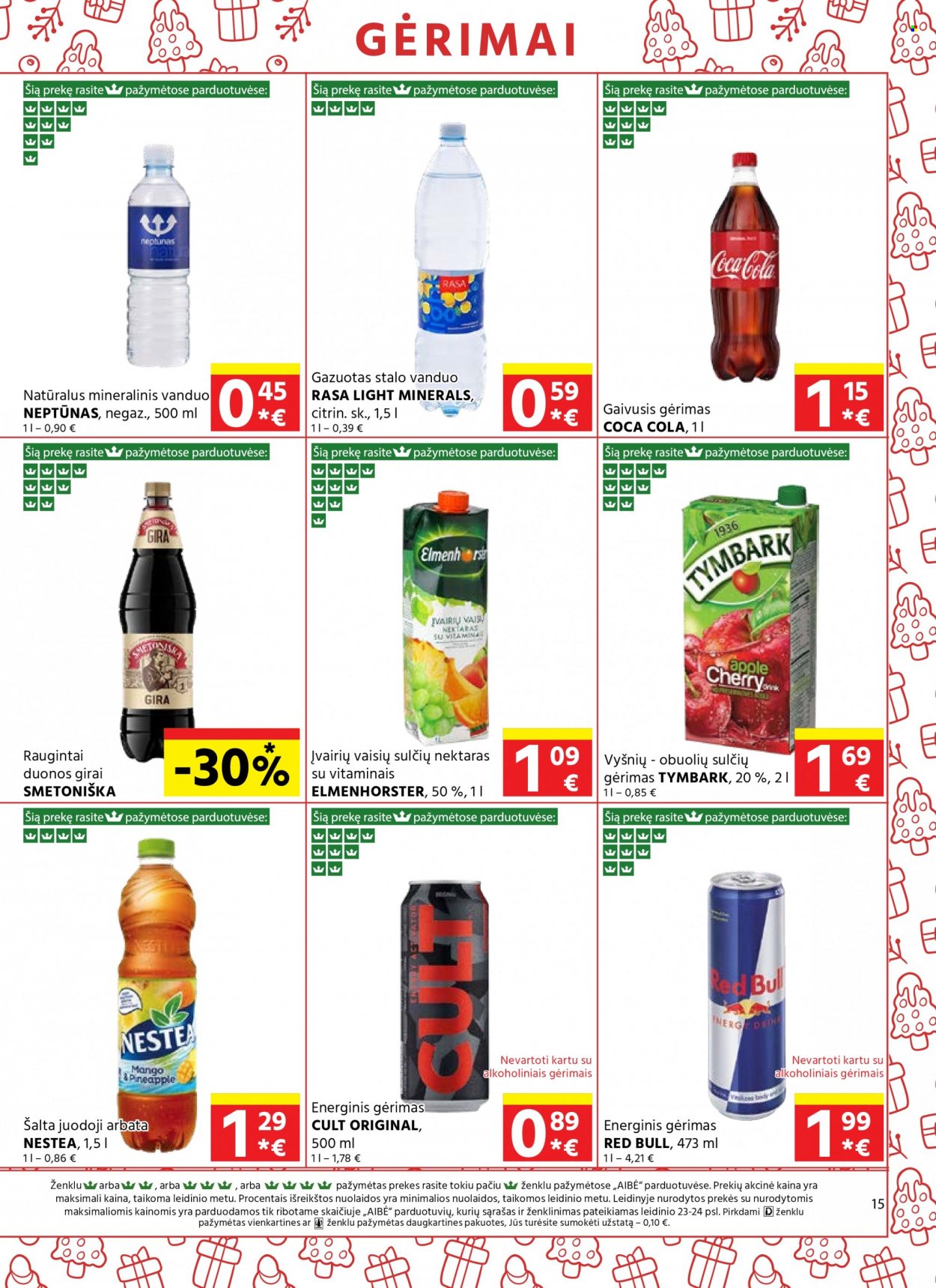 thumbnail - „Aibė“ leidinys - 2022 11 24 - 2022 12 06 - Išpardavimų produktai - Coca-Cola, energinis gėrimas, Red Bull, vanduo, arbata. 15 puslapis.