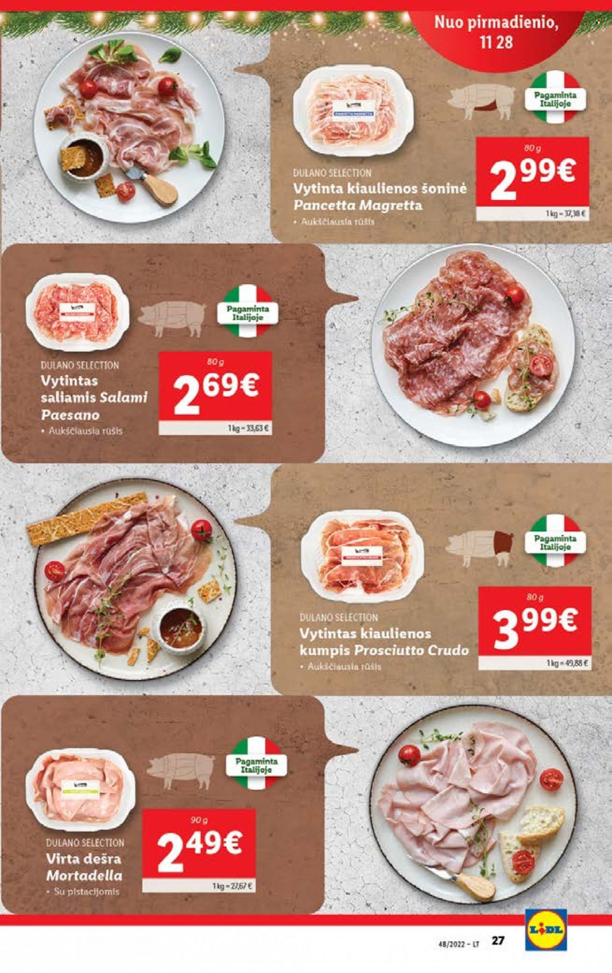 thumbnail - „Lidl“ leidinys - 2022 11 28 - 2022 12 04 - Išpardavimų produktai - pancetta, prosciutto, salami, dešra, virta dešra. 27 puslapis.
