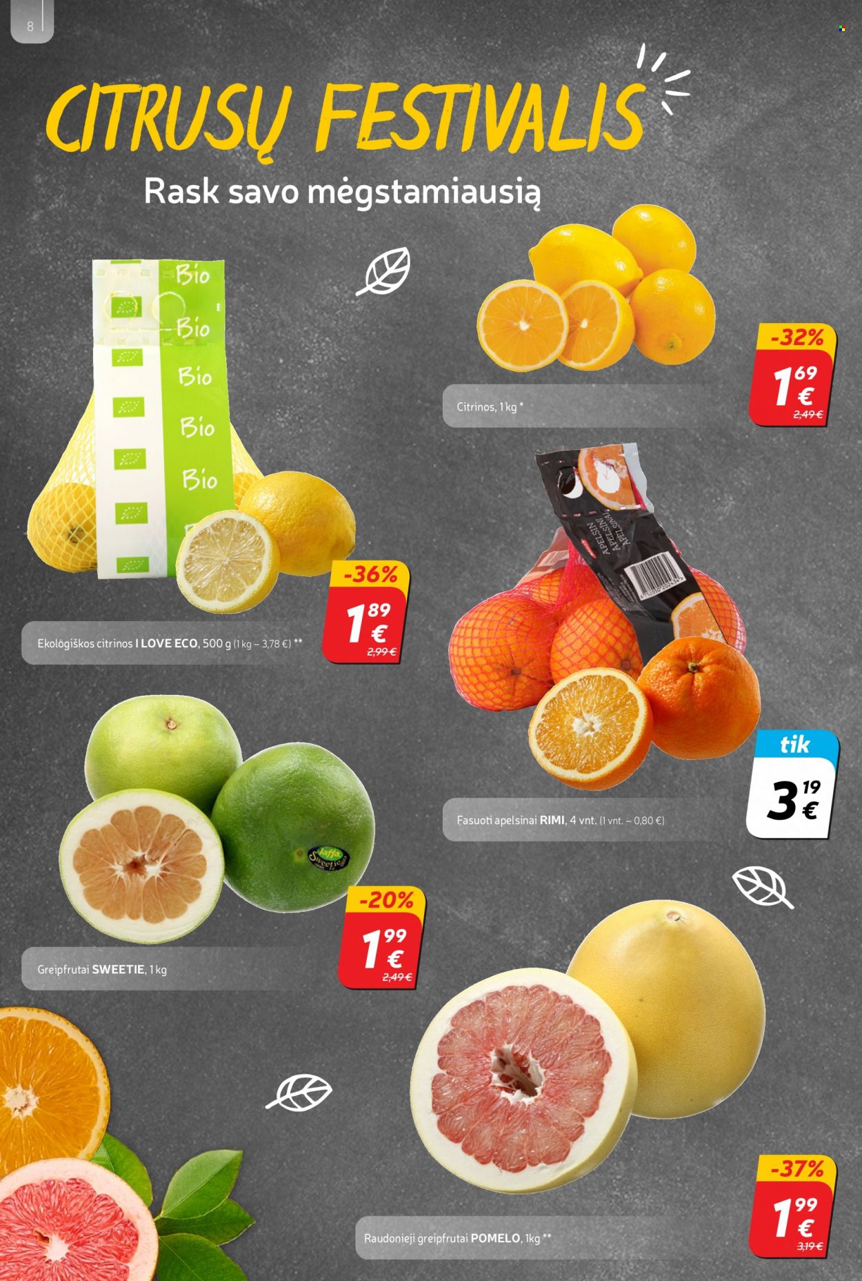 thumbnail - „Rimi“ leidinys - 2022 11 29 - 2022 12 05 - Išpardavimų produktai - greipfrutai, citrinos, pomelo, I Love Eco. 8 puslapis.