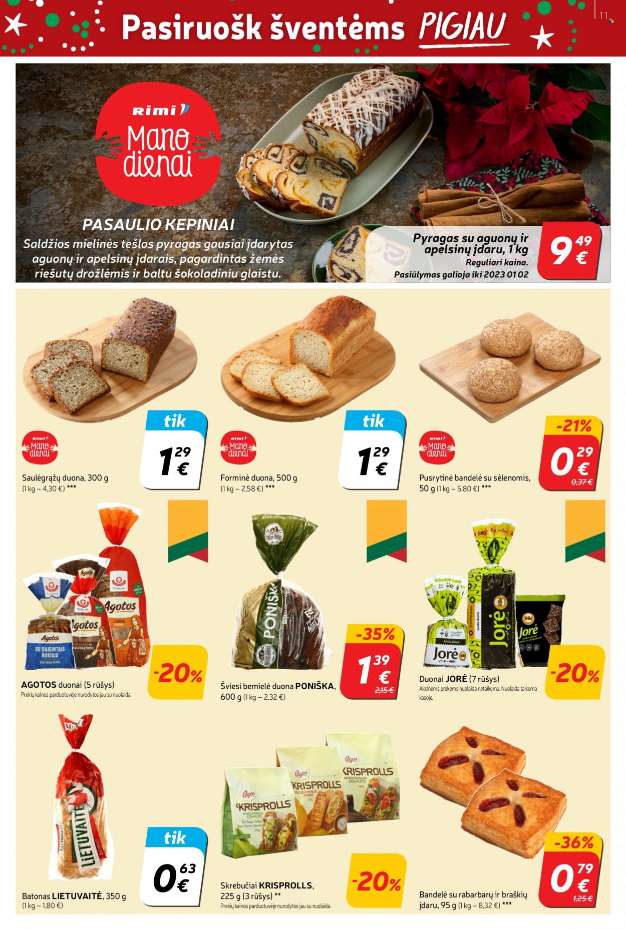 thumbnail - „Rimi“ leidinys - 2022 11 29 - 2022 12 05 - Išpardavimų produktai - bandelė, batonas, duona, pyragas. 11 puslapis.