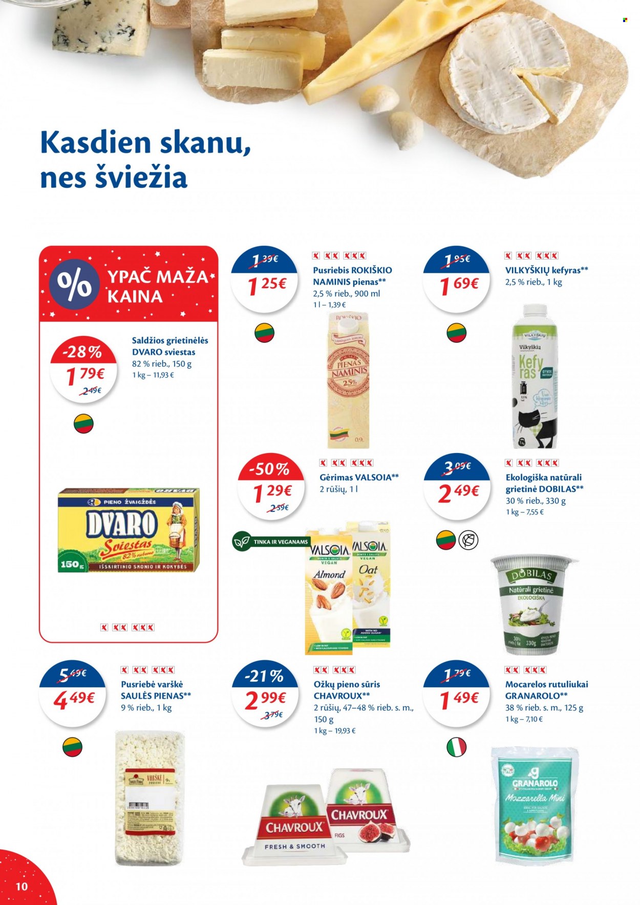 thumbnail - „Maxima“ leidinys - 2022 11 29 - 2022 12 05 - Išpardavimų produktai - mozzarella, sūris, pienas, sviestas, grietinė. 10 puslapis.