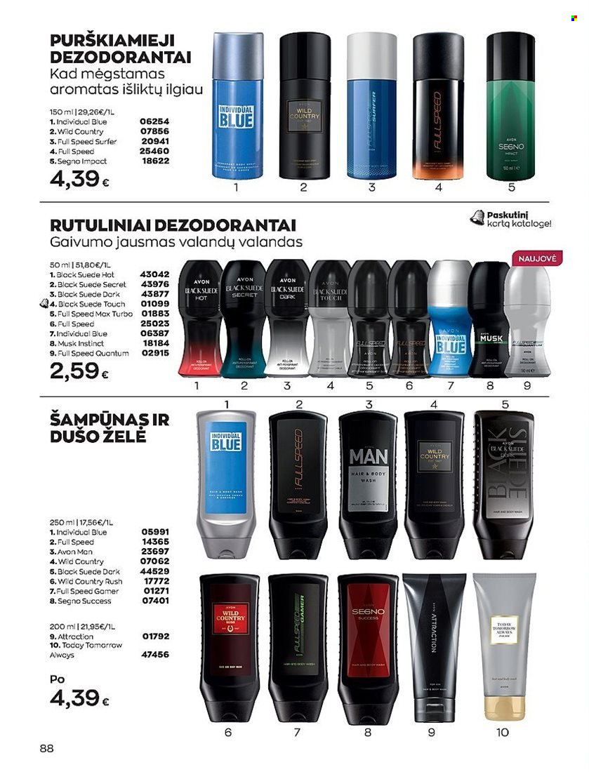 thumbnail - „Avon“ leidinys - 2022 12 01 - 2022 12 31 - Išpardavimų produktai - Avon, dušo želé, šampūnas, purškiamasis dezodorantas. 88 puslapis.