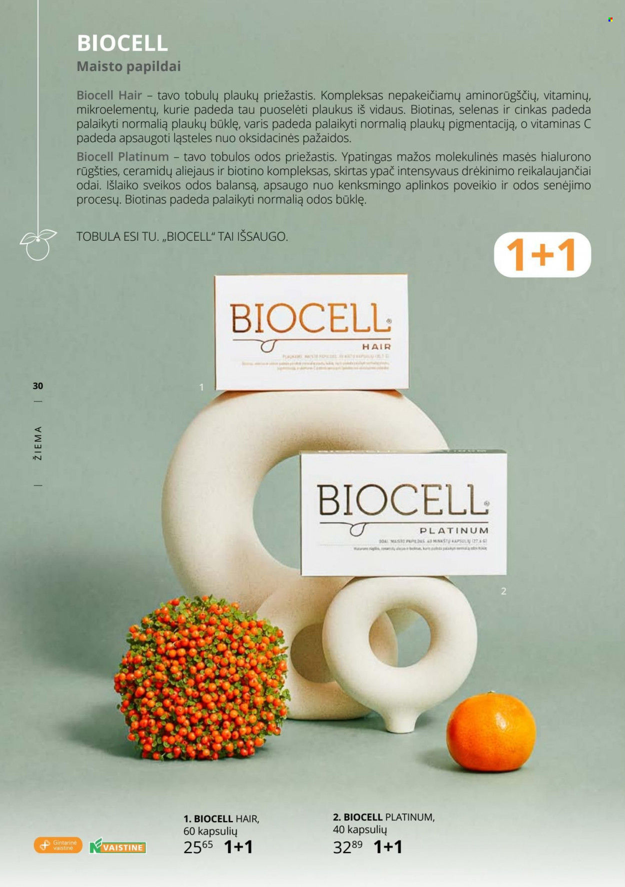 thumbnail - „Gintarinė vaistinė“ leidinys - 2022 11 21 - 2022 12 31 - Išpardavimų produktai - Biocell, Biocell Platinum, maisto papildai. 30 puslapis.