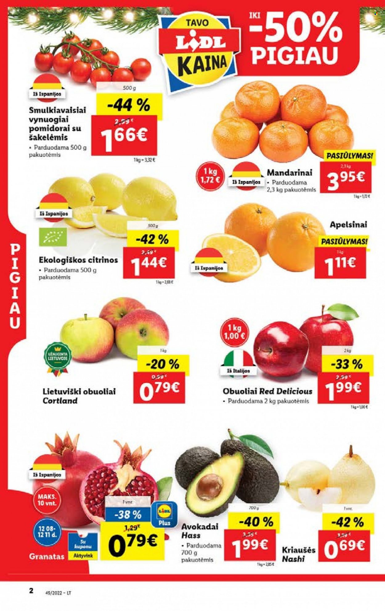 thumbnail - „Lidl“ leidinys - 2022 12 05 - 2022 12 11 - Išpardavimų produktai - pomidorai, avokadas, kriaušės, nashi, obuolys, citrinos, mandarinai. 2 puslapis.