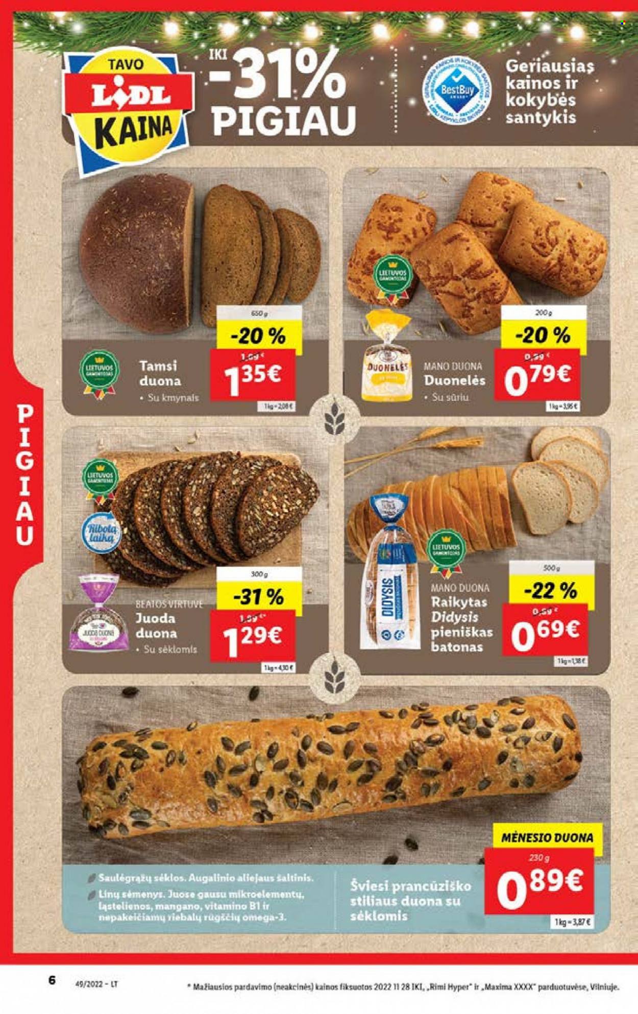 thumbnail - „Lidl“ leidinys - 2022 12 05 - 2022 12 11 - Išpardavimų produktai - duona, omega 3. 6 puslapis.