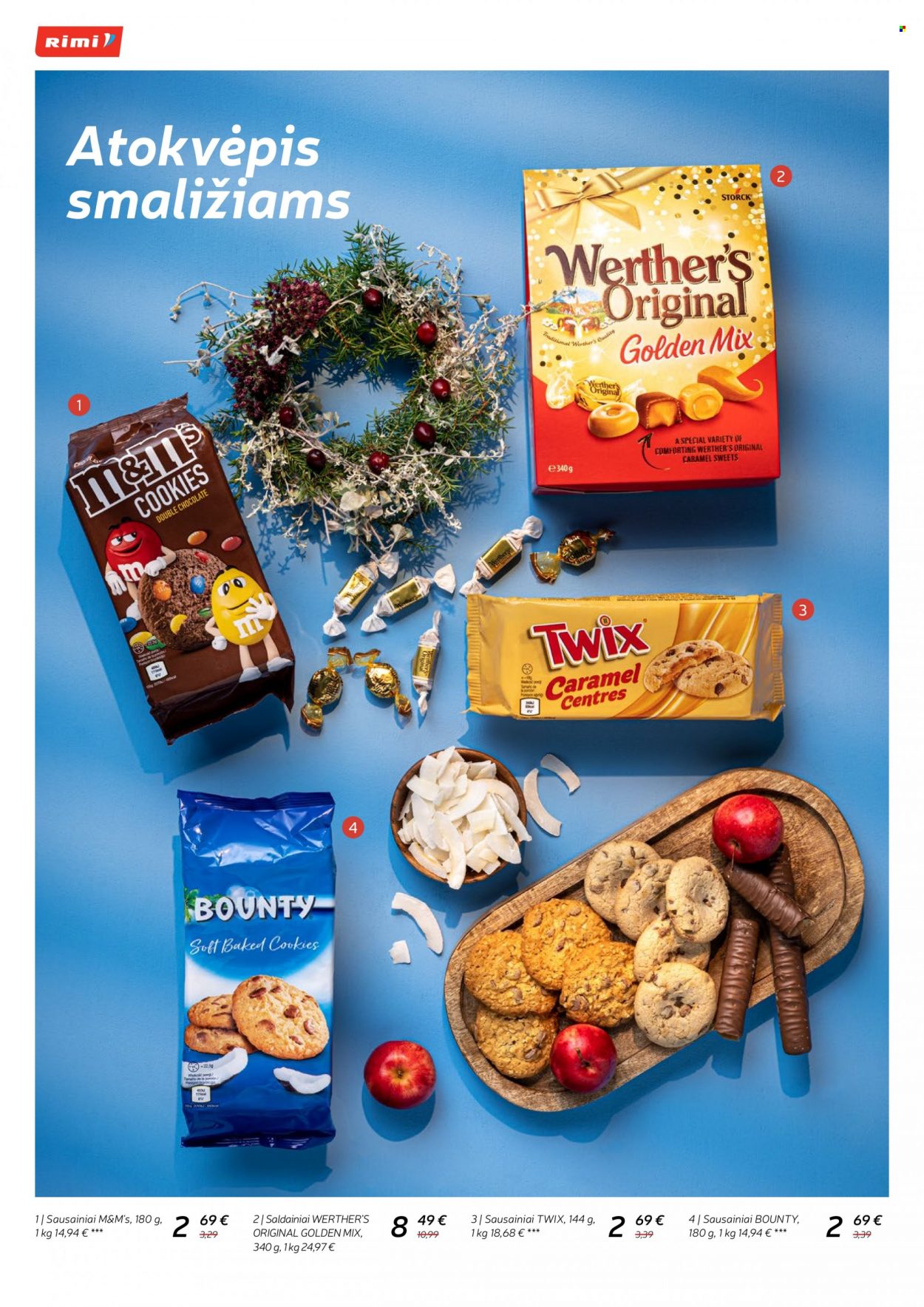 thumbnail - „Rimi“ leidinys - 2022 12 01 - 2023 01 01 - Išpardavimų produktai - cookies, Bounty, M&M’s, saldainiai, sausainiai, Werther’s Original, Twix. 42 puslapis.