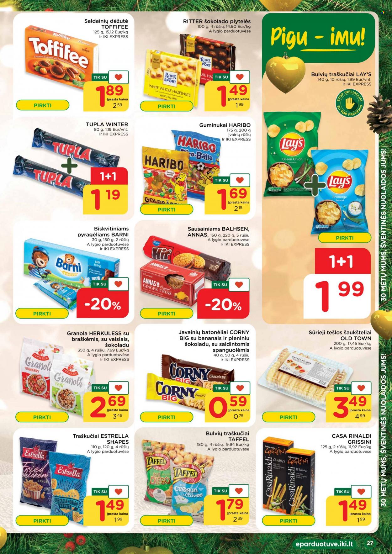 thumbnail - „iki“ leidinys - 2022 12 05 - 2022 12 11 - Išpardavimų produktai - Ritter Sport, Toffifee, bulvių traškučiai, Lay’s, traškučiai, Corny, Corny Big, granola. 27 puslapis.