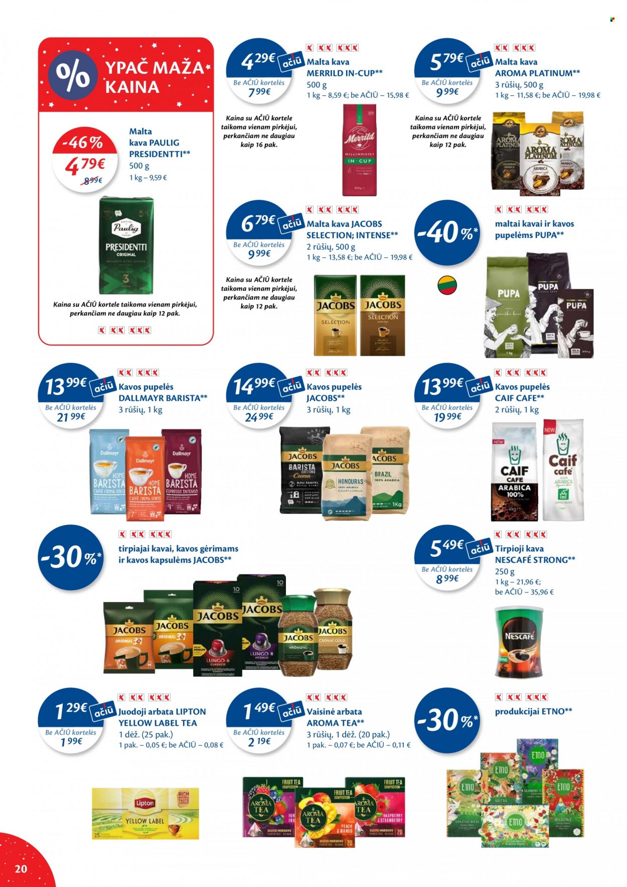 thumbnail - „Maxima“ leidinys - 2022 12 06 - 2022 12 12 - Išpardavimų produktai - Lipton, arbata, Jacobs, malta kava, Nescafé, tirpioji kava, kava, kavos gėrimams, kavos pupelės. 20 puslapis.