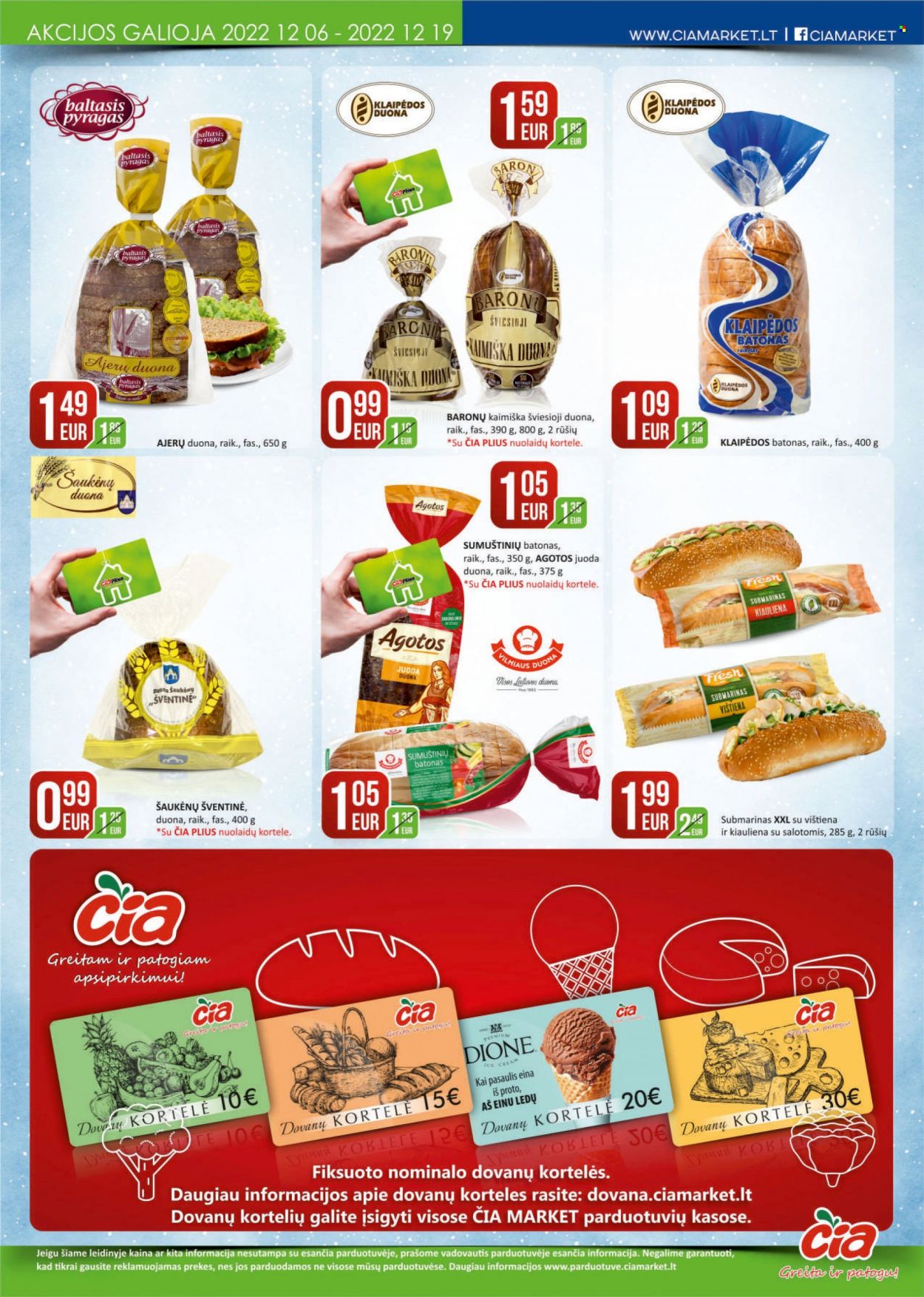 thumbnail - „Čia“ leidinys - 2022 12 06 - 2022 12 19 - Išpardavimų produktai - batonas, duona, pyragas. 8 puslapis.
