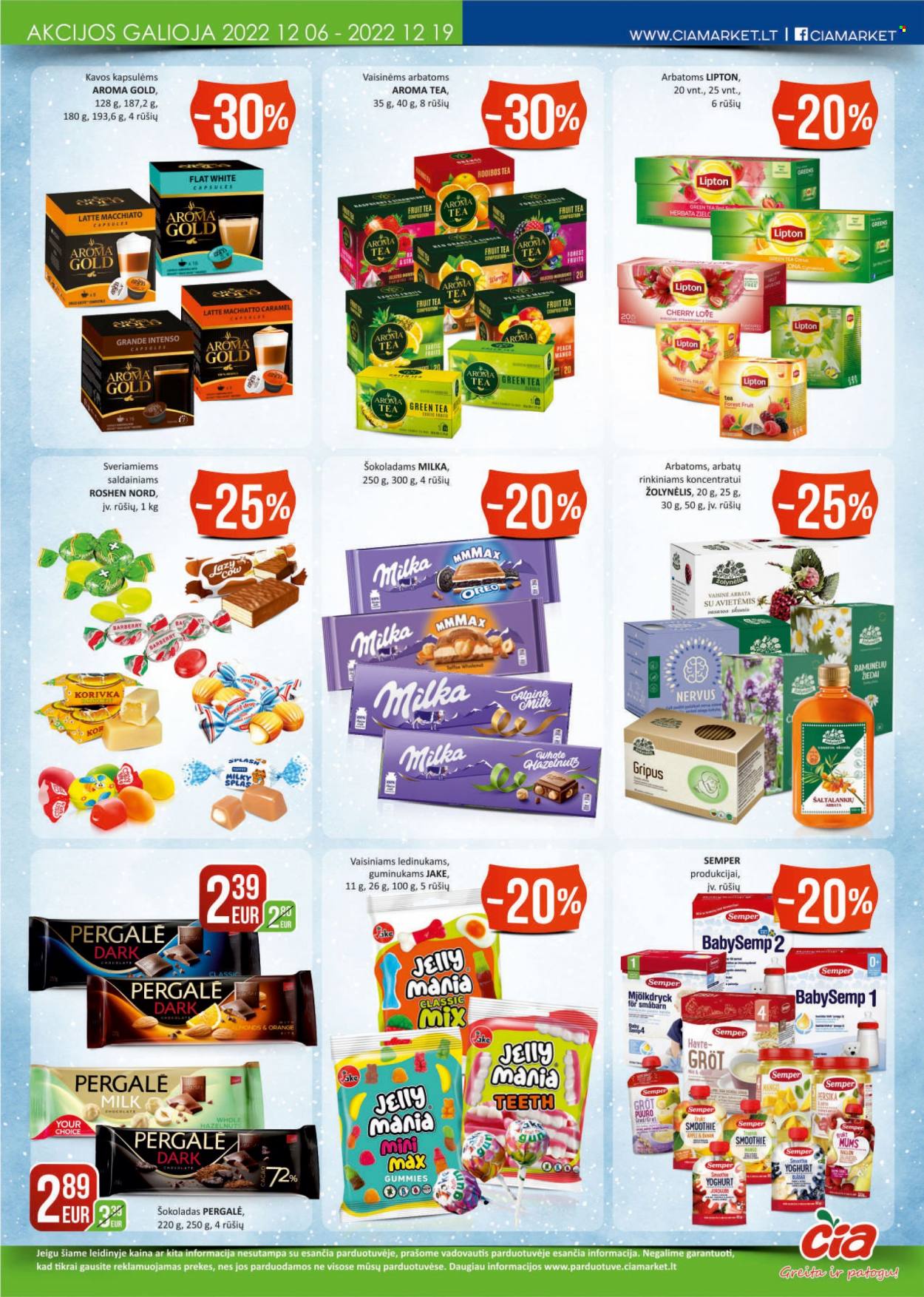 thumbnail - „Čia“ leidinys - 2022 12 06 - 2022 12 19 - Išpardavimų produktai - mango, Milka, Oreo, šokoladas, guminukams, Lipton, glotnučiai, arbata, Rooibos. 11 puslapis.