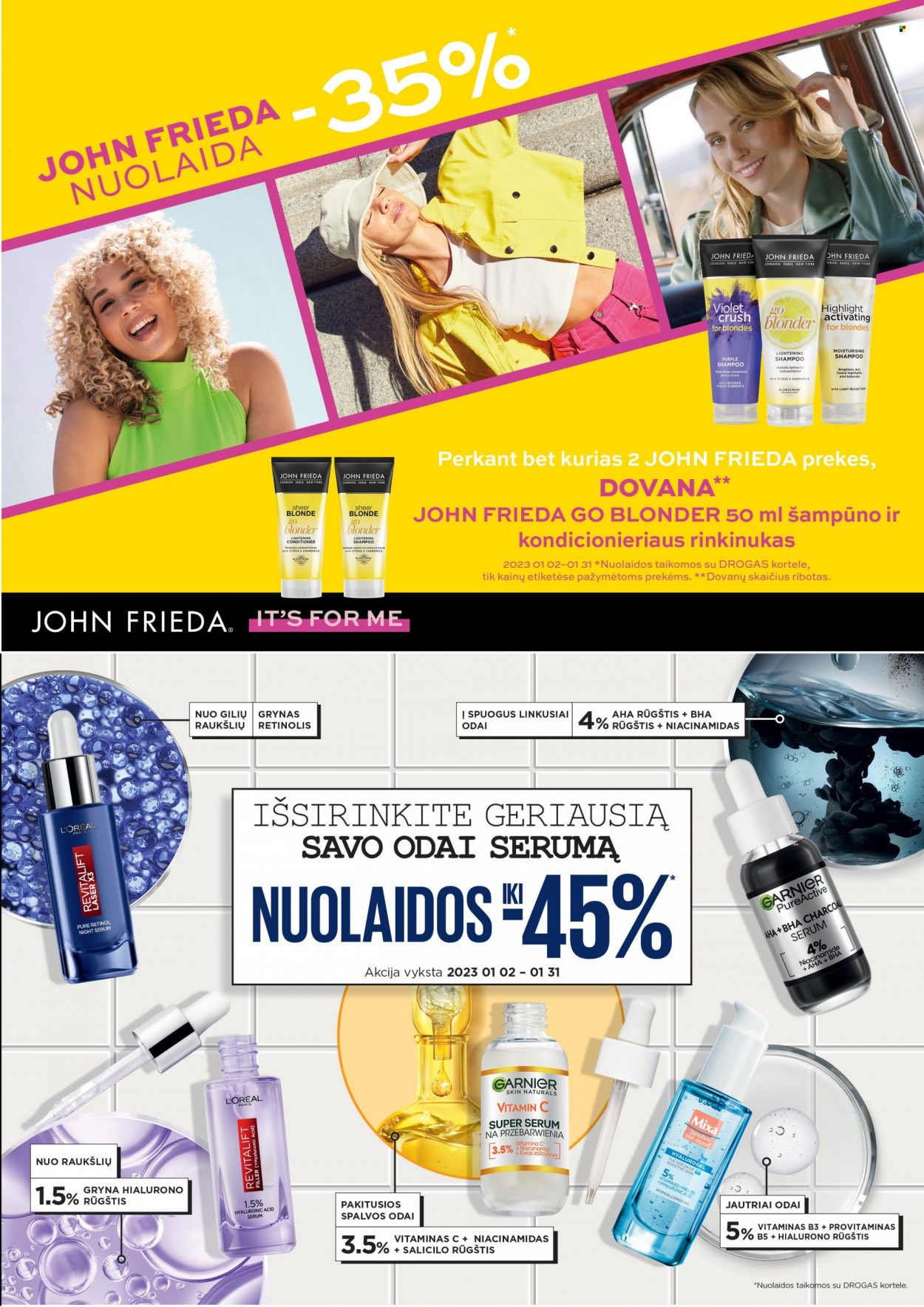 thumbnail - „Drogas“ leidinys - 2023 01 02 - 2023 01 31 - Išpardavimų produktai - L'Oréal, shampoo, Garnier, vitamin c, John Frieda. 7 puslapis.