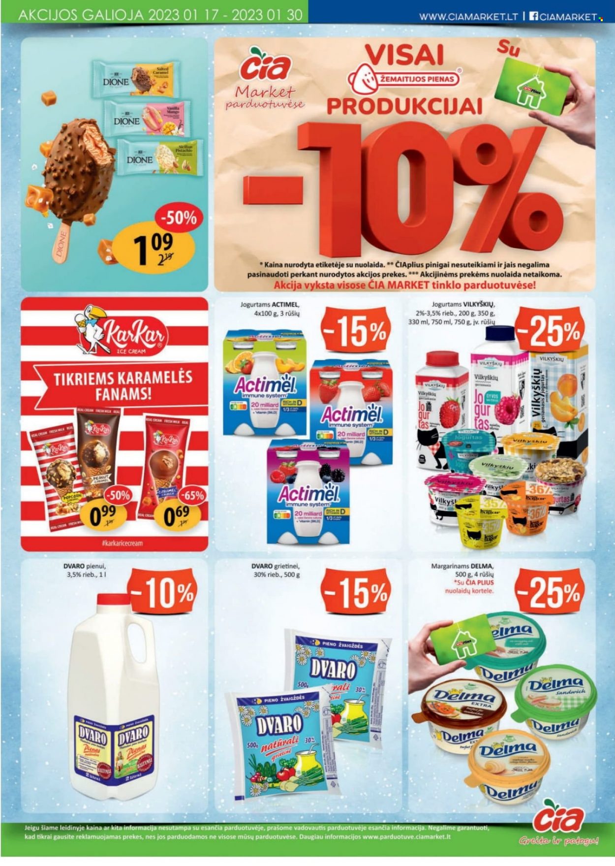 thumbnail - „Čia“ leidinys - 2023 01 17 - 2023 01 30 - Išpardavimų produktai - jogurtas, Actimel, pienas, grietinė, karamelės. 3 puslapis.