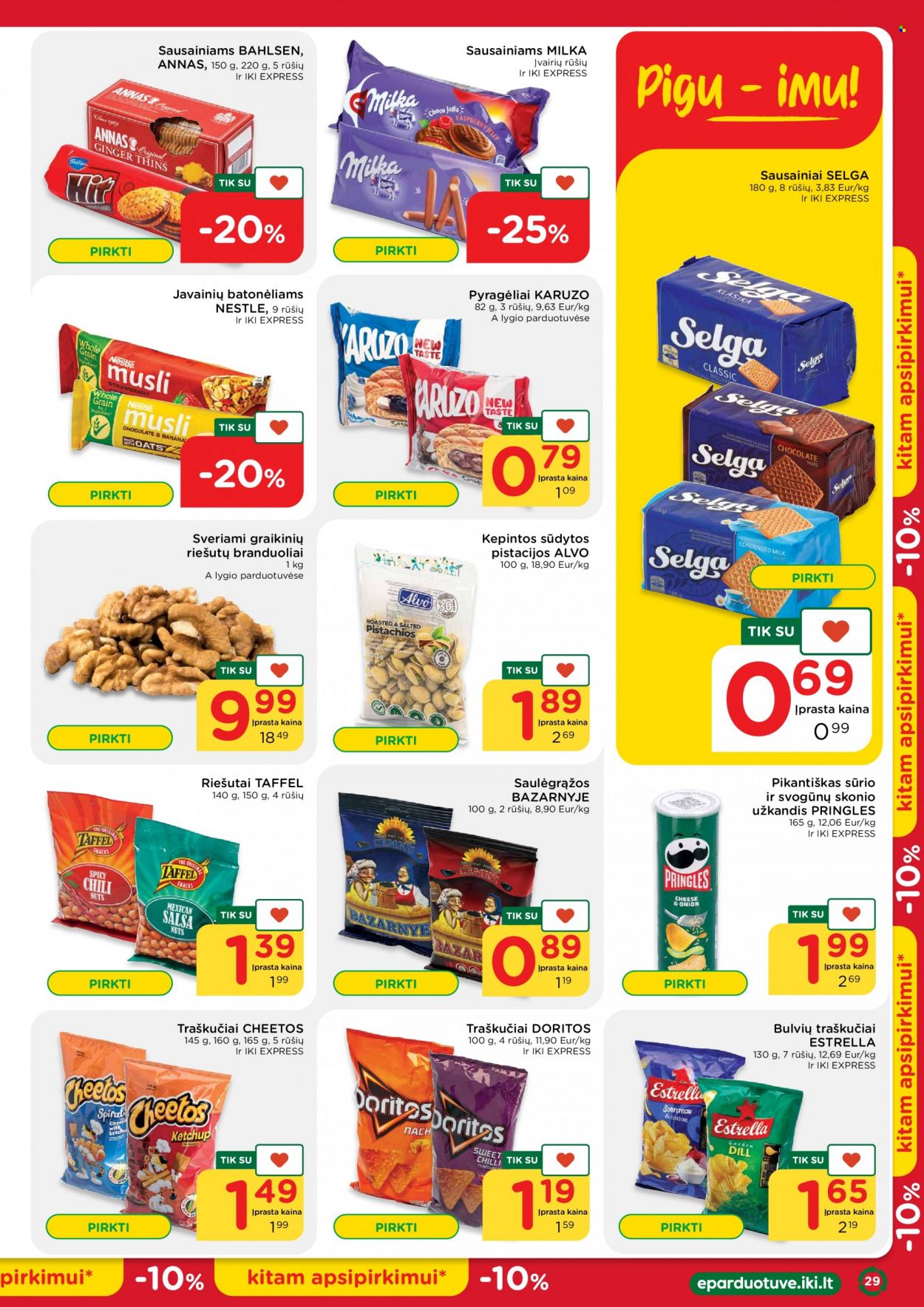 thumbnail - „iki“ leidinys - 2023 01 23 - 2023 01 29 - Išpardavimų produktai - Milka, Nestlé, sausainiai, bulvių traškučiai, Cheetos, Pringles, traškučiai. 29 puslapis.