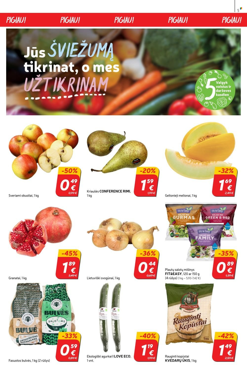 thumbnail - „Rimi“ leidinys - 2023 01 24 - 2023 01 30 - Išpardavimų produktai - bulvės, kopūstai, svogūnai, kriaušės, melionai, obuolys, I Love Eco. 5 puslapis.