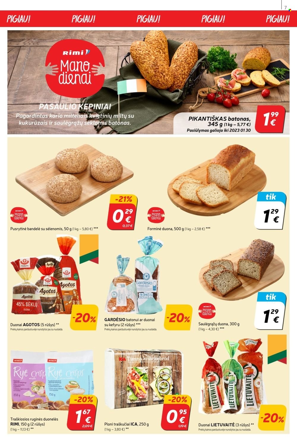 thumbnail - „Rimi“ leidinys - 2023 01 24 - 2023 01 30 - Išpardavimų produktai - bandelė, batonas, duona, traškučiai. 7 puslapis.