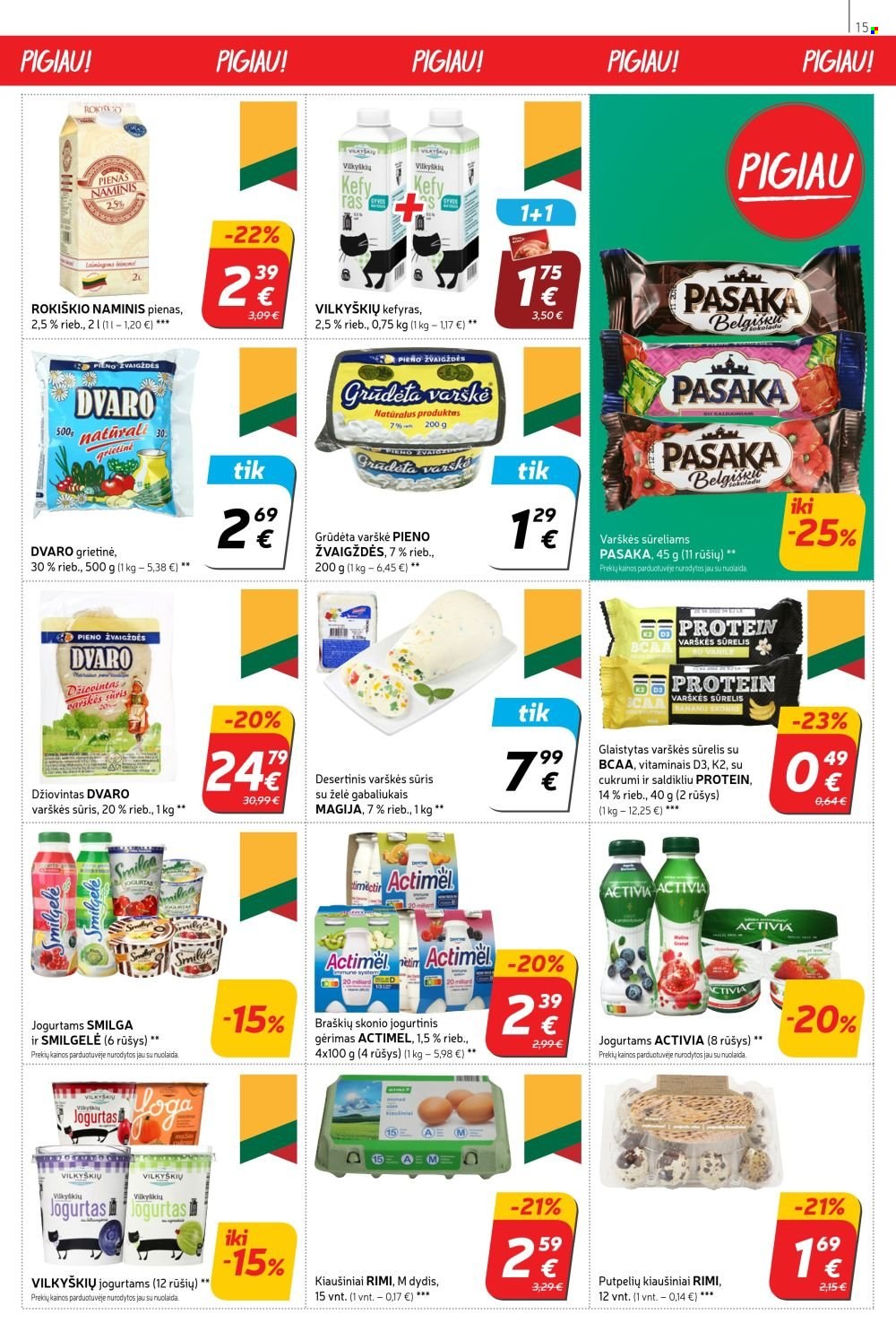 thumbnail - „Rimi“ leidinys - 2023 01 24 - 2023 01 30 - Išpardavimų produktai - sūris, Activia, glaistytas varškės sūrelis, jogurtas, Actimel, pienas, kiaušiniai, grietinė. 15 puslapis.