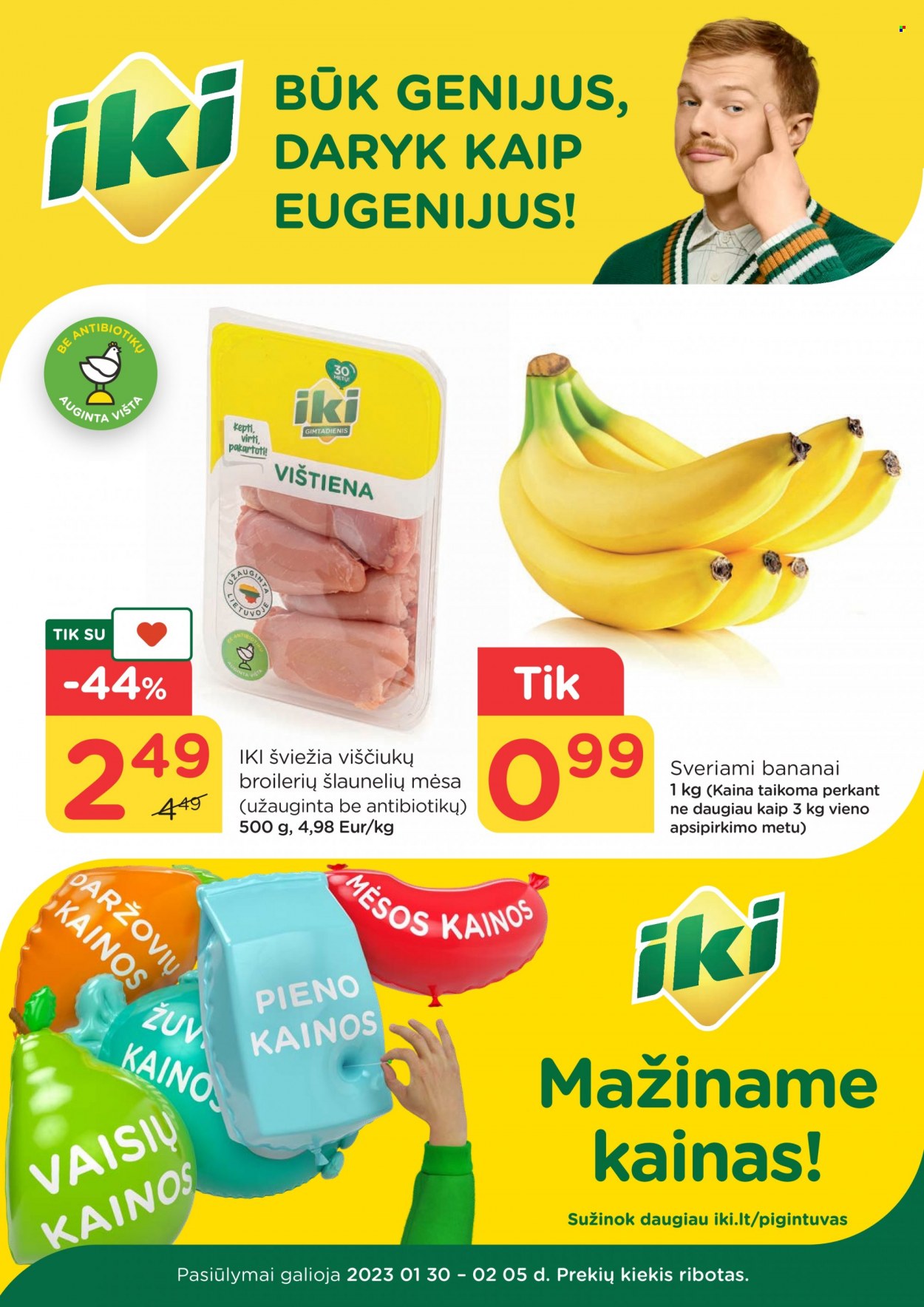 thumbnail - „iki“ leidinys - 2023 01 30 - 2023 02 05 - Išpardavimų produktai - bananai. 1 puslapis.