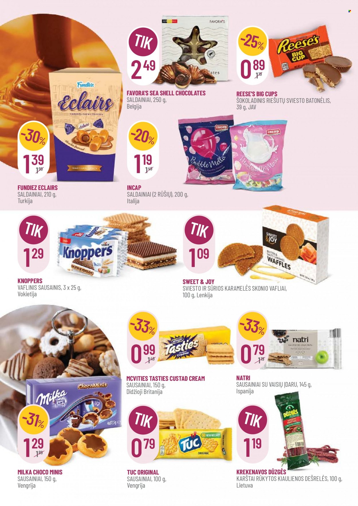 thumbnail - „Vynoteka“ leidinys - 2023 03 20 - 2023 04 02 - Išpardavimų produktai - vafliai, dešrelės, Milka, saldainiai, sausainiai, karamelės. 2 puslapis.