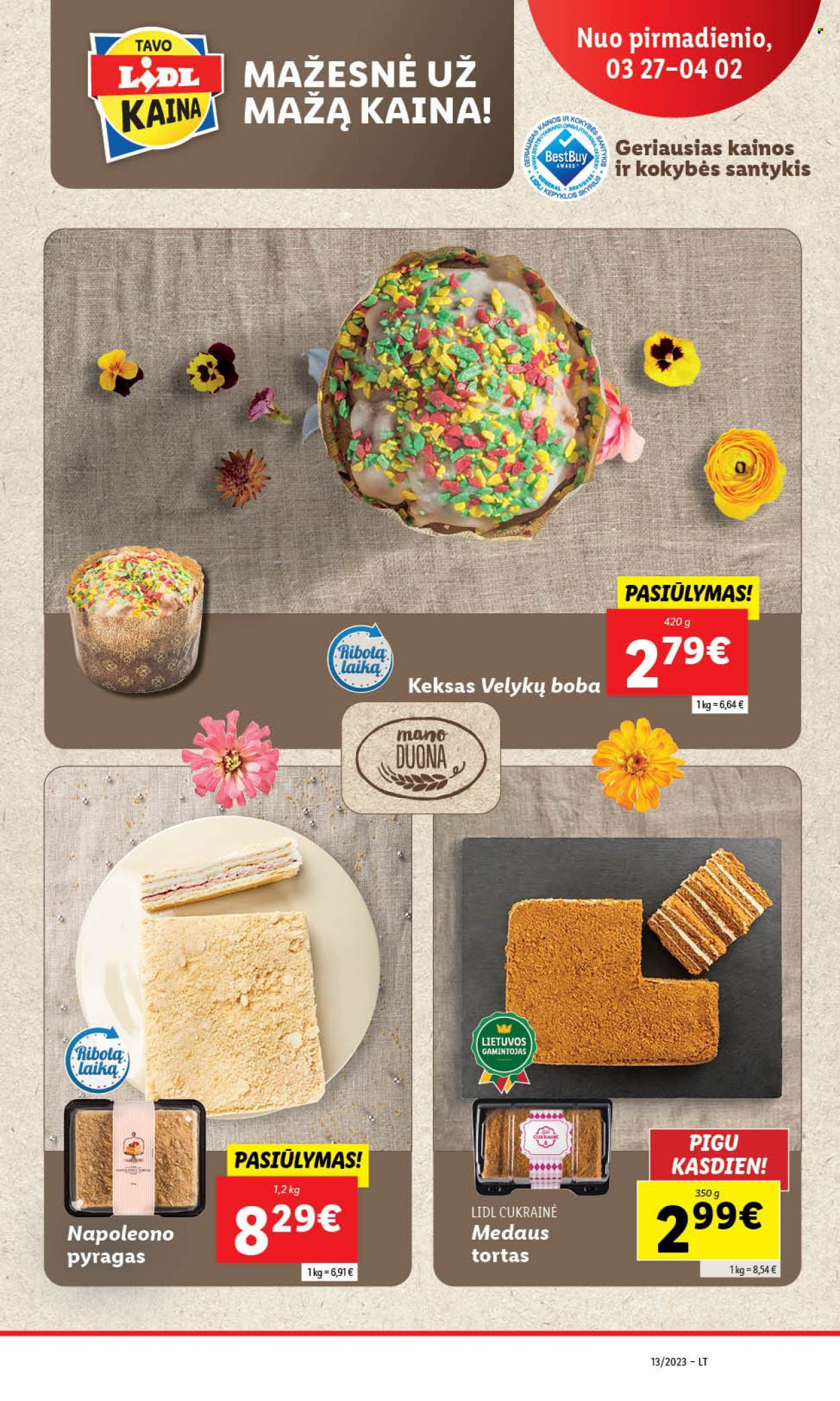 thumbnail - „Lidl“ leidinys - 2023 03 27 - 2023 04 02 - Išpardavimų produktai - duona, pyragas, tortas. 20 puslapis.