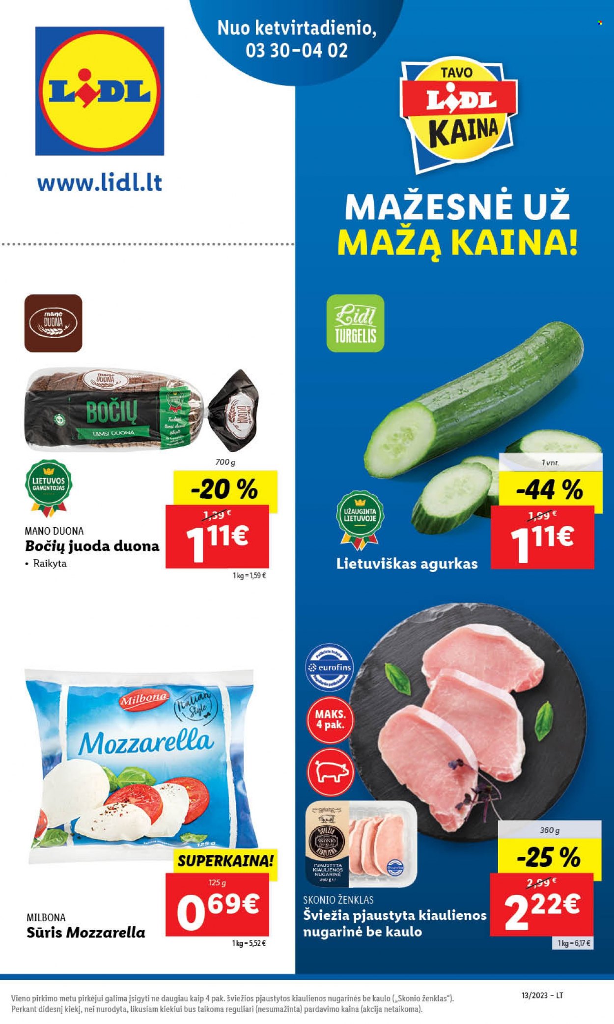 thumbnail - „Lidl“ leidinys - 2023 03 27 - 2023 04 02 - Išpardavimų produktai - duona, agurkas, mozzarella, sūris, Milbona. 69 puslapis.