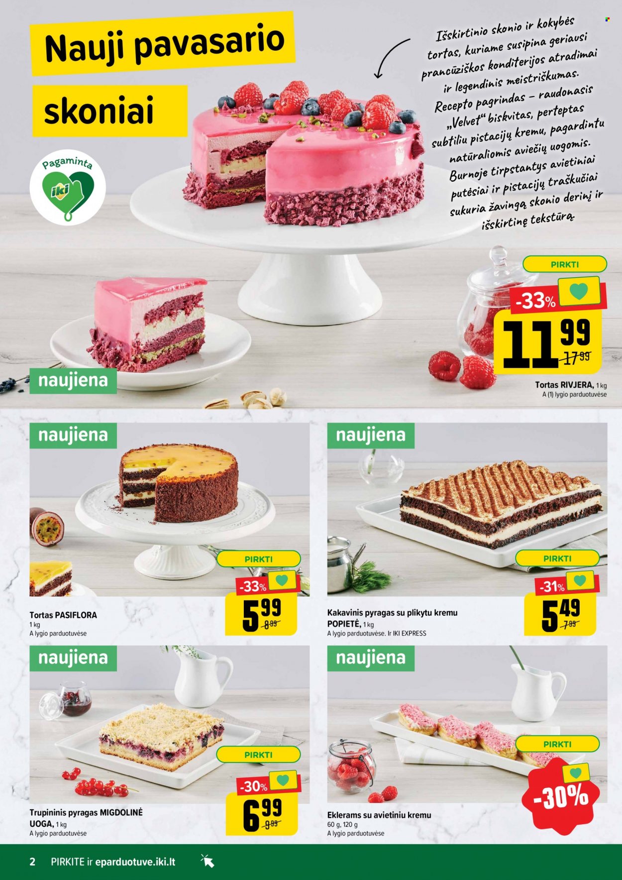 thumbnail - „iki“ leidinys - 2023 03 27 - 2023 04 02 - Išpardavimų produktai - pyragas, tortas. 2 puslapis.