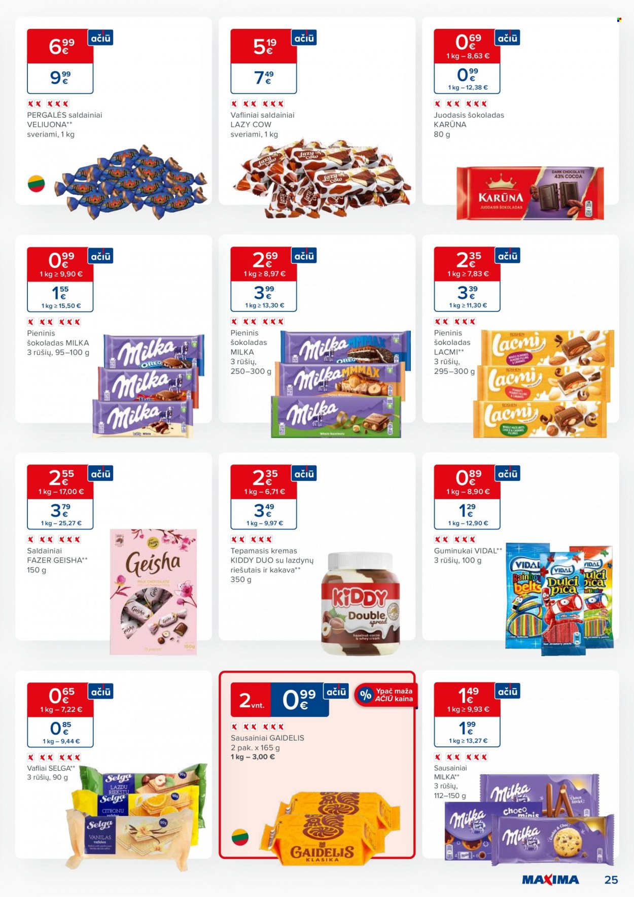 thumbnail - „Maxima“ leidinys - 2023 03 28 - 2023 04 03 - Išpardavimų produktai - vafliai, Milka, saldainiai, sausainiai, šokoladas, kremas, juodasis šokoladas. 25 puslapis.