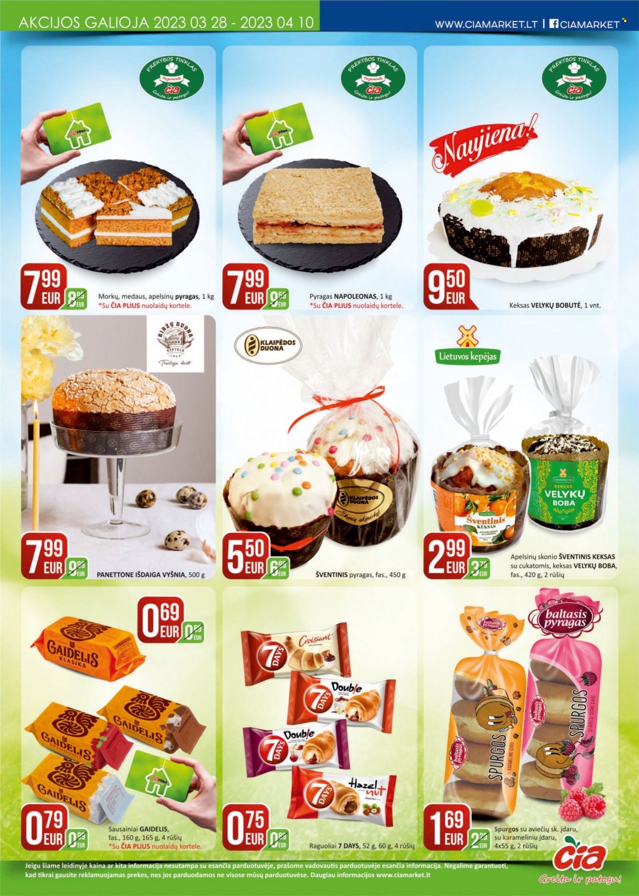 thumbnail - „Čia“ leidinys - 2023 03 28 - 2023 04 10 - Išpardavimų produktai - duona, croissant, panettone, pyragas, sausainiai. 8 puslapis.