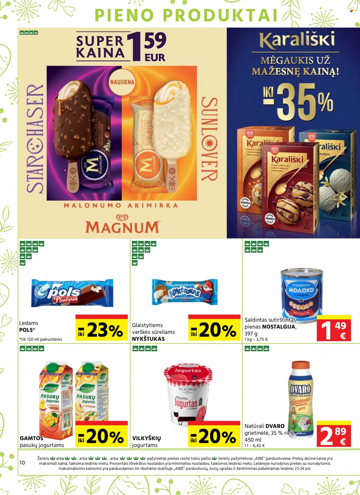 thumbnail - „Aibė“ leidinys - 2023 03 30 - 2023 04 18 - Išpardavimų produktai - jogurtas, ledai, Magnum, Nykštukas. 10 puslapis.