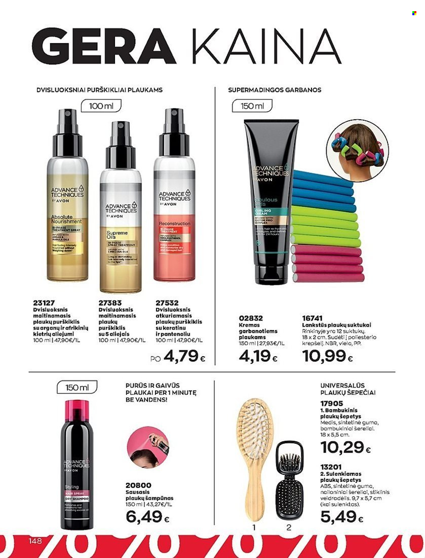 thumbnail - „Avon“ leidinys - 2023 05 01 - 2023 05 31 - Išpardavimų produktai - Avon, plaukų šampūnas, shampoo, šampūnas, plaukų šepetys, šepetys, kremas. 148 puslapis.