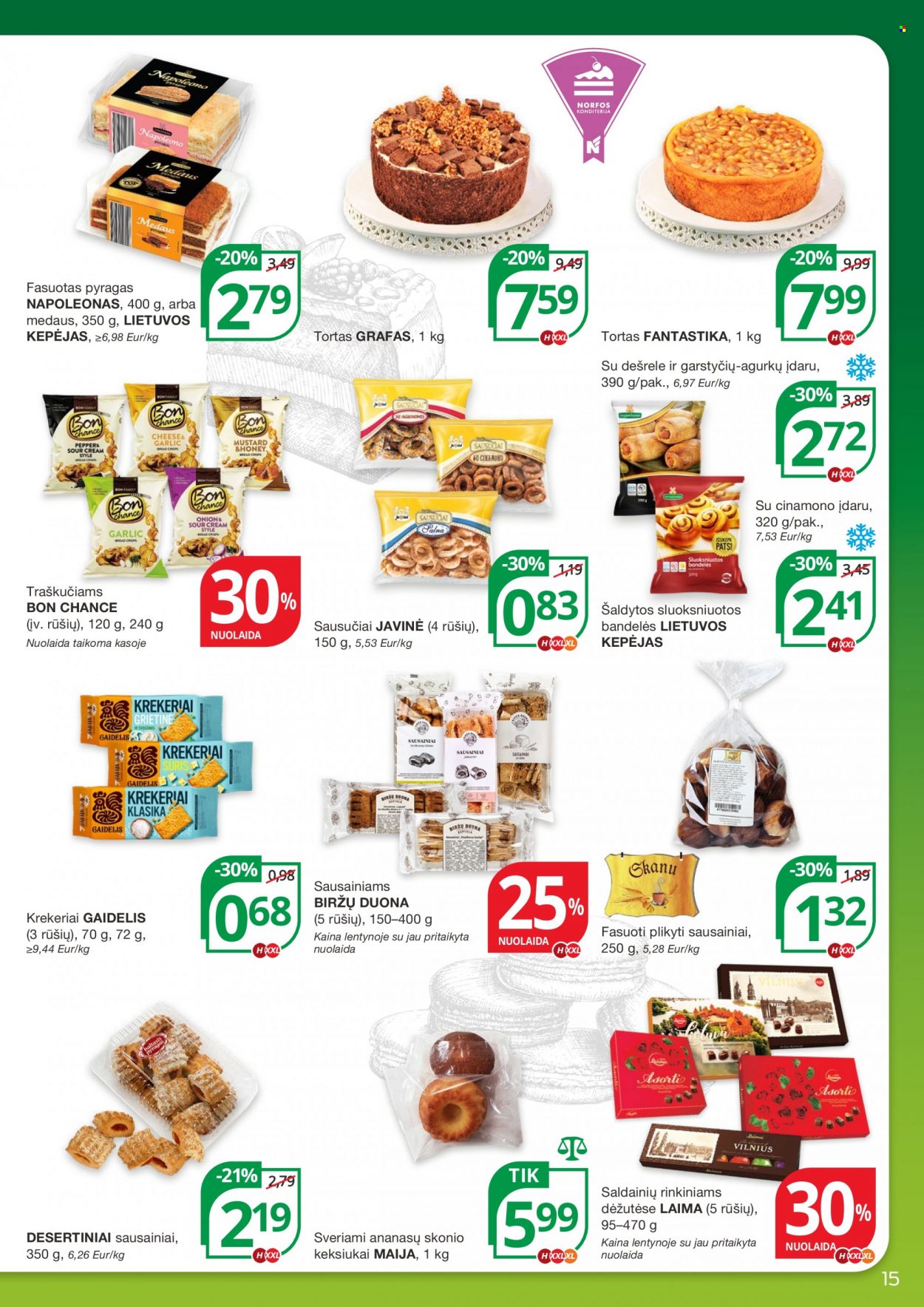 thumbnail - „NORFA“ leidinys - 2023 05 18 - 2023 05 31 - Išpardavimų produktai - duona, pyragas, tortas, sausainiai. 15 puslapis.